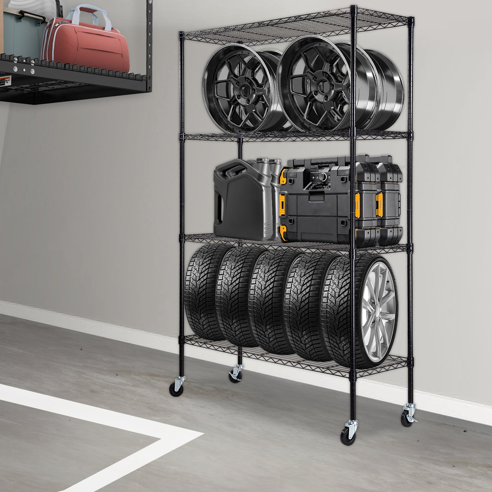 VEVOR Storage Shelving Unit with Wheels, 4-Tier Adjustable, 700 lbs Capacity, Heavy Duty Garage Shelves Metal Organizer Wire Rack, Black, 47.2" L x 17.7" W x 74" H for Kitchen Pantry Basement Bathroom