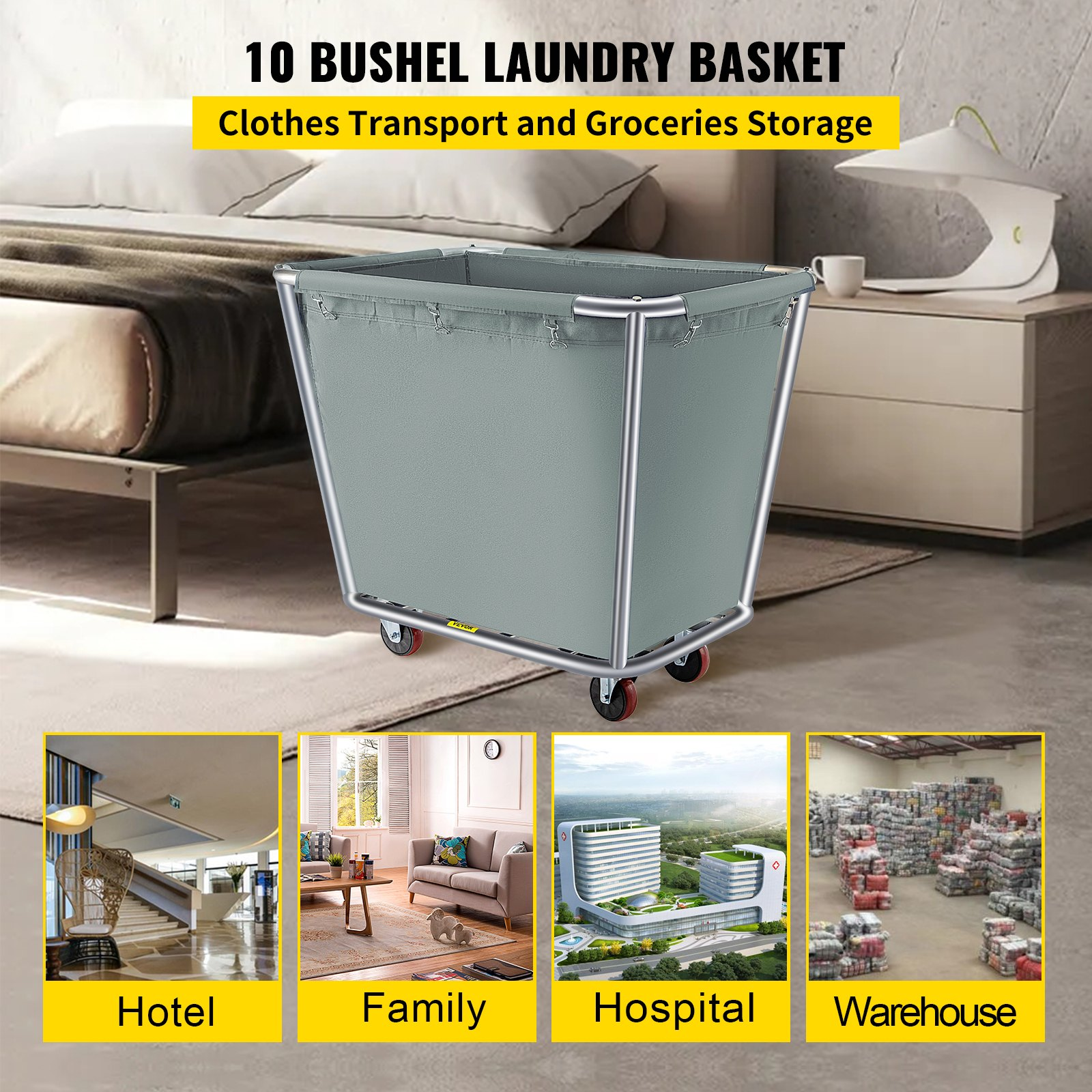 VEVOR Basket Truck, 10 Bushel Steel Canvas Laundry Basket, 3" Diameter Wheels Truck Cap Basket Canvas Laundry Cart Usually Used to Transport Clothes, Store Sundries Suitable for Hotel, Home, Hospital