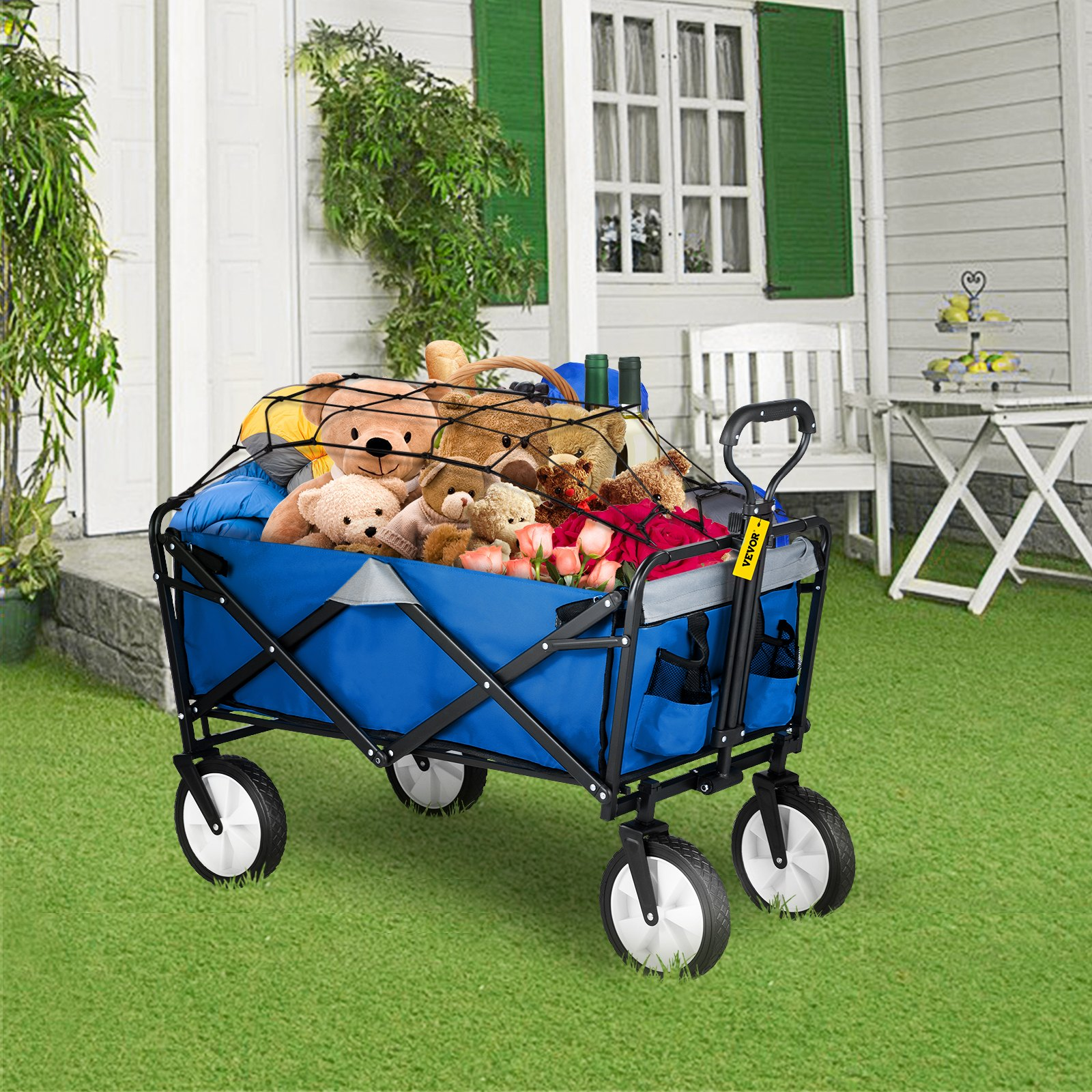 VEVOR Wagon Cart, Collapsible Folding Cart with 176lbs Load, Outdoor Utility Garden Cart, Adjustable Handle, Portable Foldable Wagons with Wheels for Beach, Camping, Grocery, Blue/Gray