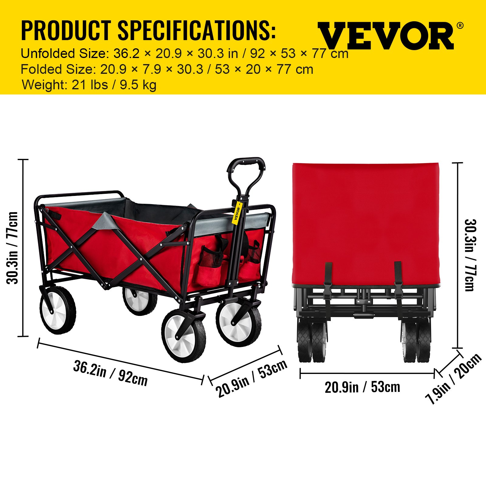 VEVOR Wagon Cart, Collapsible Folding Cart with 176lbs Load, Outdoor Utility Garden Cart, Adjustable Handle, Portable Foldable Wagons with Wheels for Beach, Camping, Grocery, Red/Gray