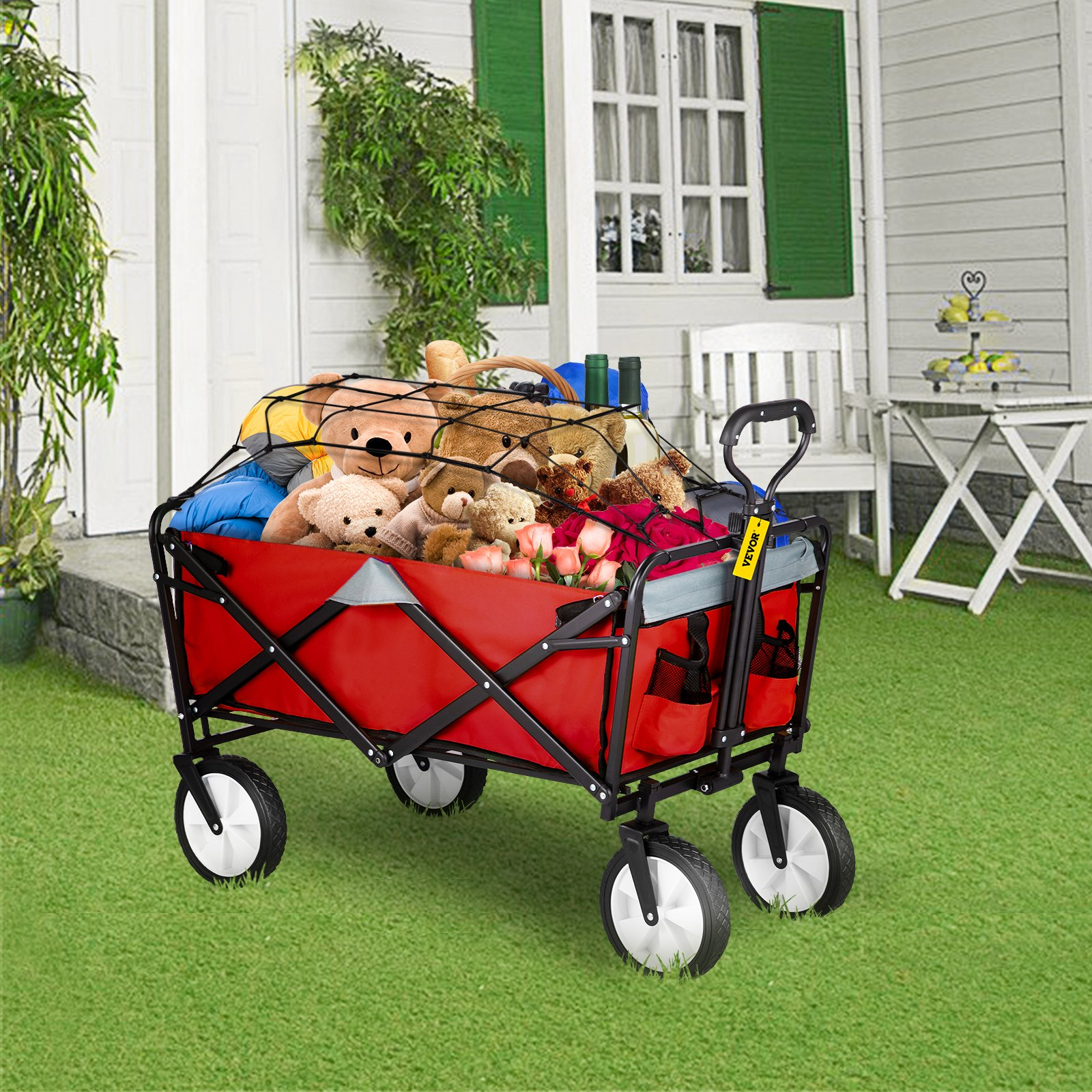 VEVOR Wagon Cart, Collapsible Folding Cart with 176lbs Load, Outdoor Utility Garden Cart, Adjustable Handle, Portable Foldable Wagons with Wheels for Beach, Camping, Grocery, Red/Gray