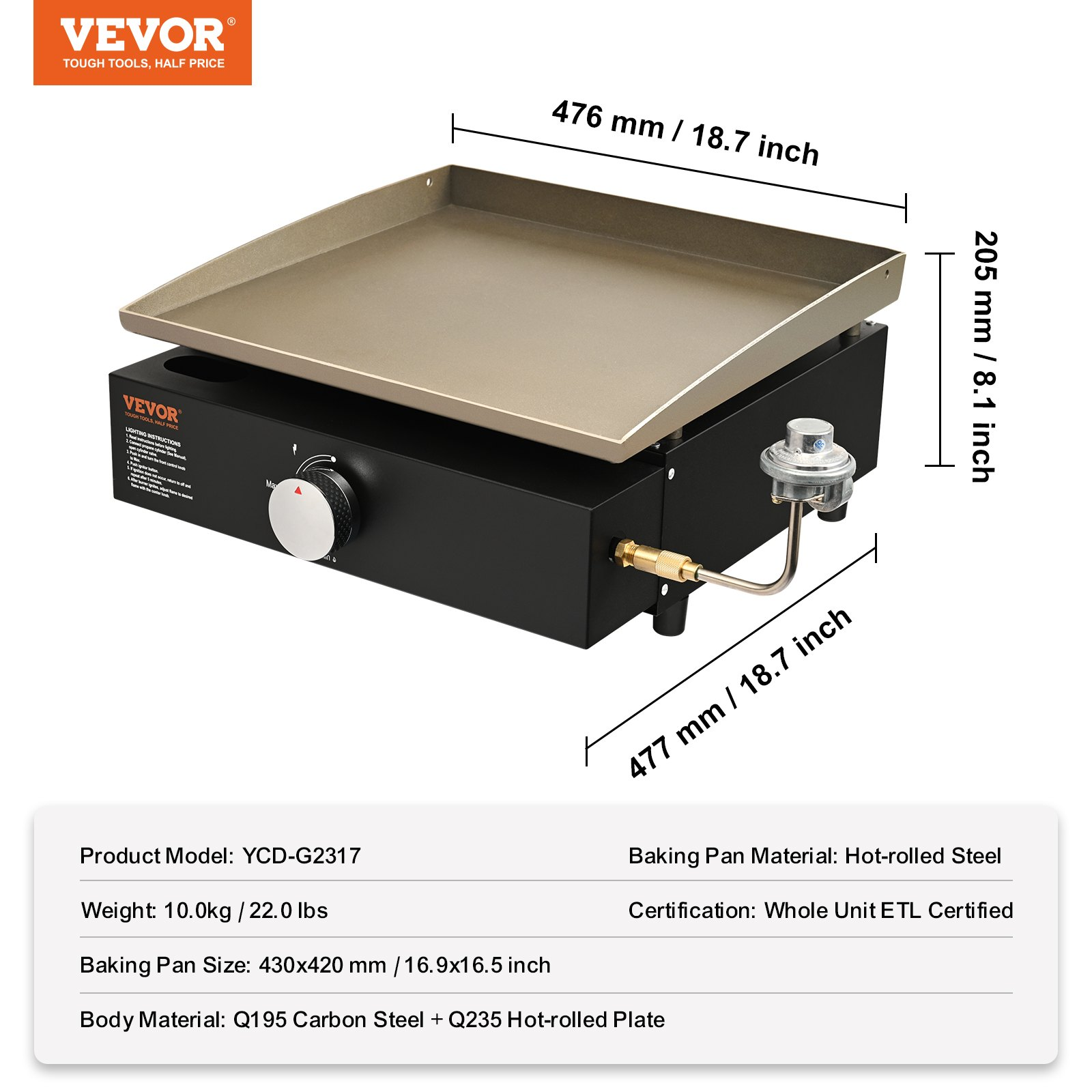 VEVOR Commercial Griddle, 16.9" Heavy Duty Manual Flat Top Griddle, Countertop Gas Grill with Non-Stick Cooking Plate, Steel LPG Gas Griddle, 1-Burner Restaurant Portable Grill -  13,000 BTU