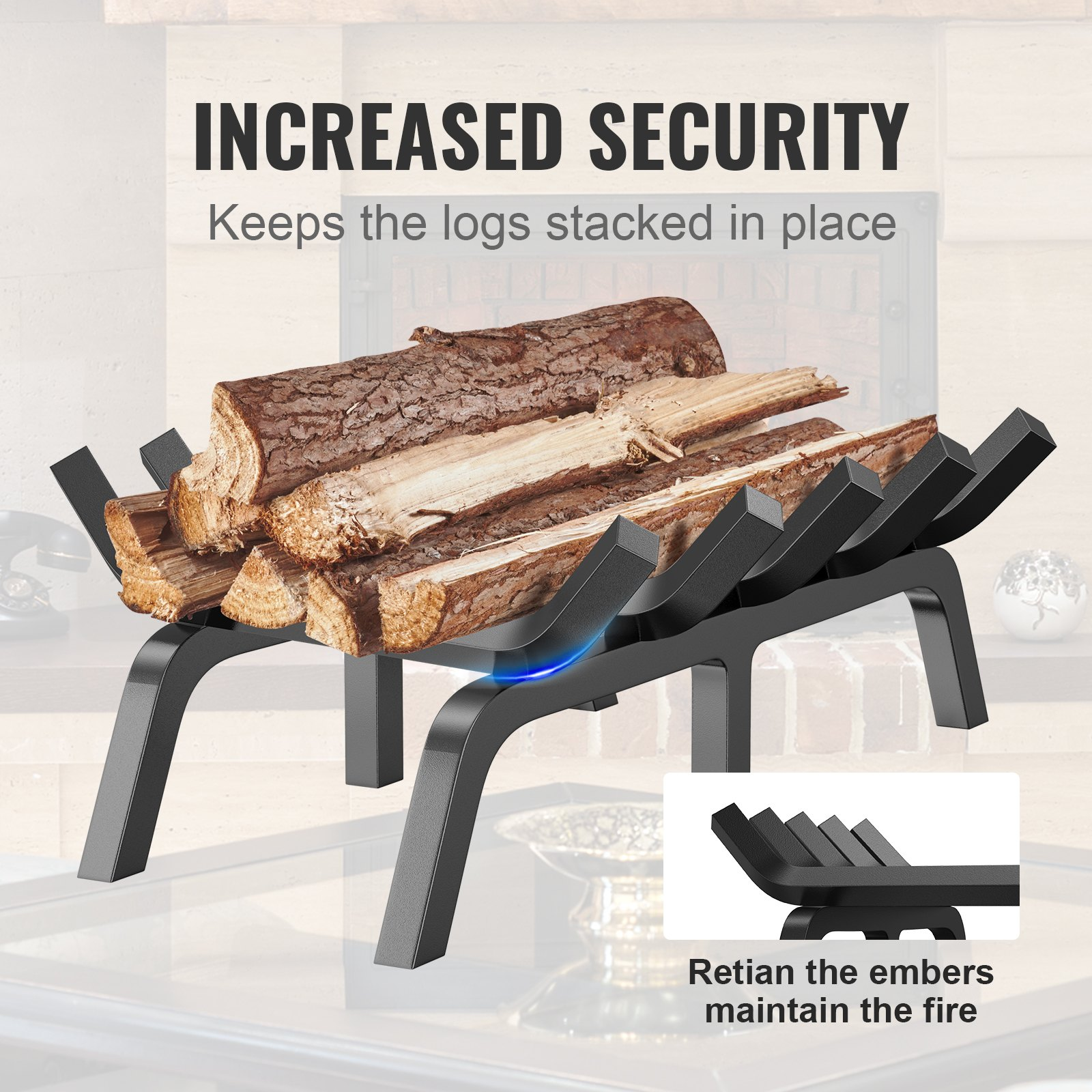 VEVOR Fireplace Log Grate, 21 inch Heavy Duty Fireplace Grate with 6 Support Legs, 3/4’’ Solid Powder-coated Steel Bars, Log Firewood Burning Rack Holder for Indoor and Outdoor Fireplace