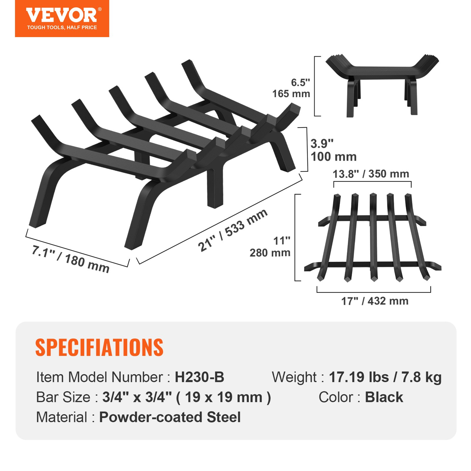 VEVOR Fireplace Log Grate, 21 inch Heavy Duty Fireplace Grate with 6 Support Legs, 3/4’’ Solid Powder-coated Steel Bars, Log Firewood Burning Rack Holder for Indoor and Outdoor Fireplace