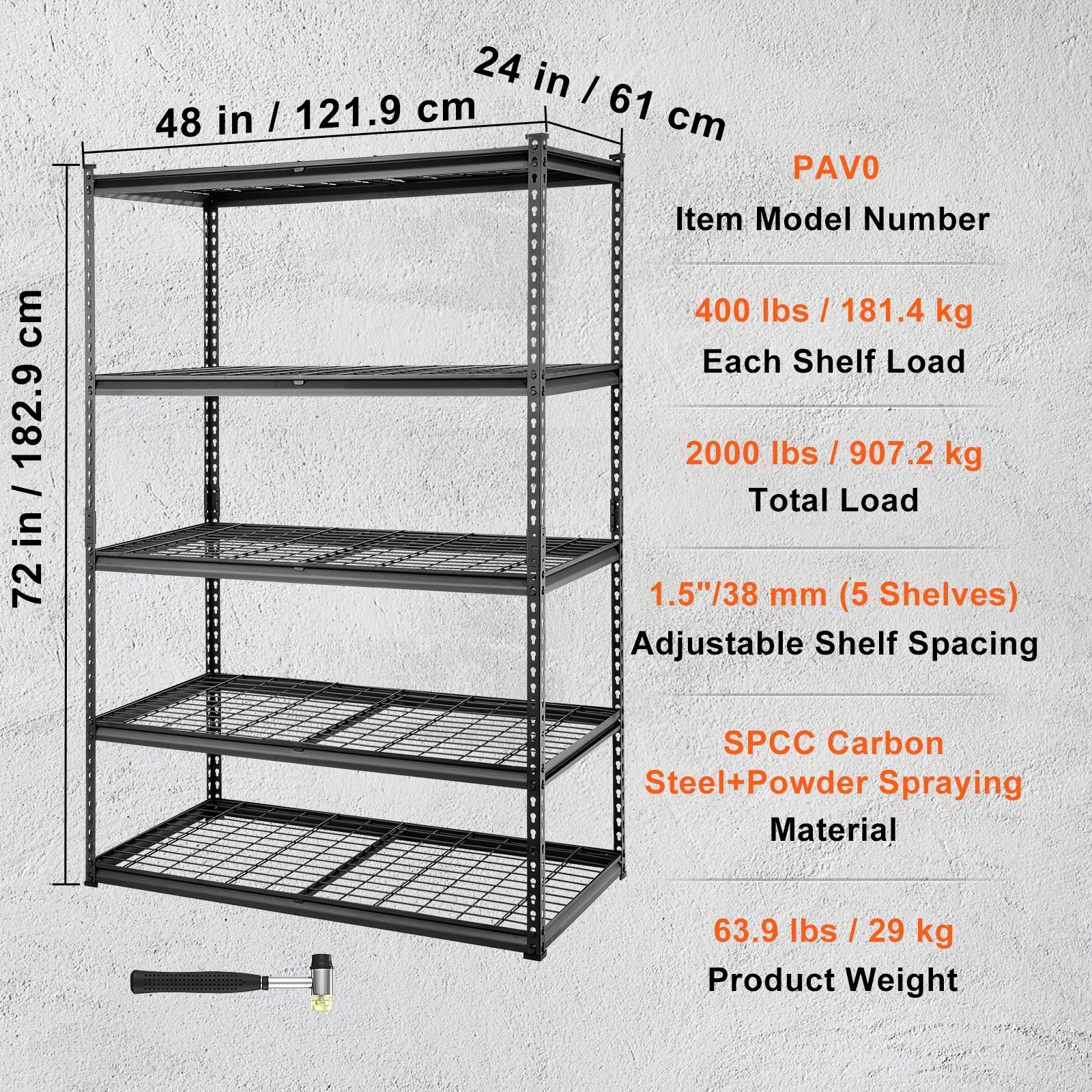 VEVOR Storage Shelving Unit, 5-Tier Adjustable, 2000 lbs Capacity, Heavy Duty Garage Shelves Metal Organizer Wire Rack, Black, 48" L x 24" W x 72" H for Kitchen Pantry Basement Bathroom Laundry Closet