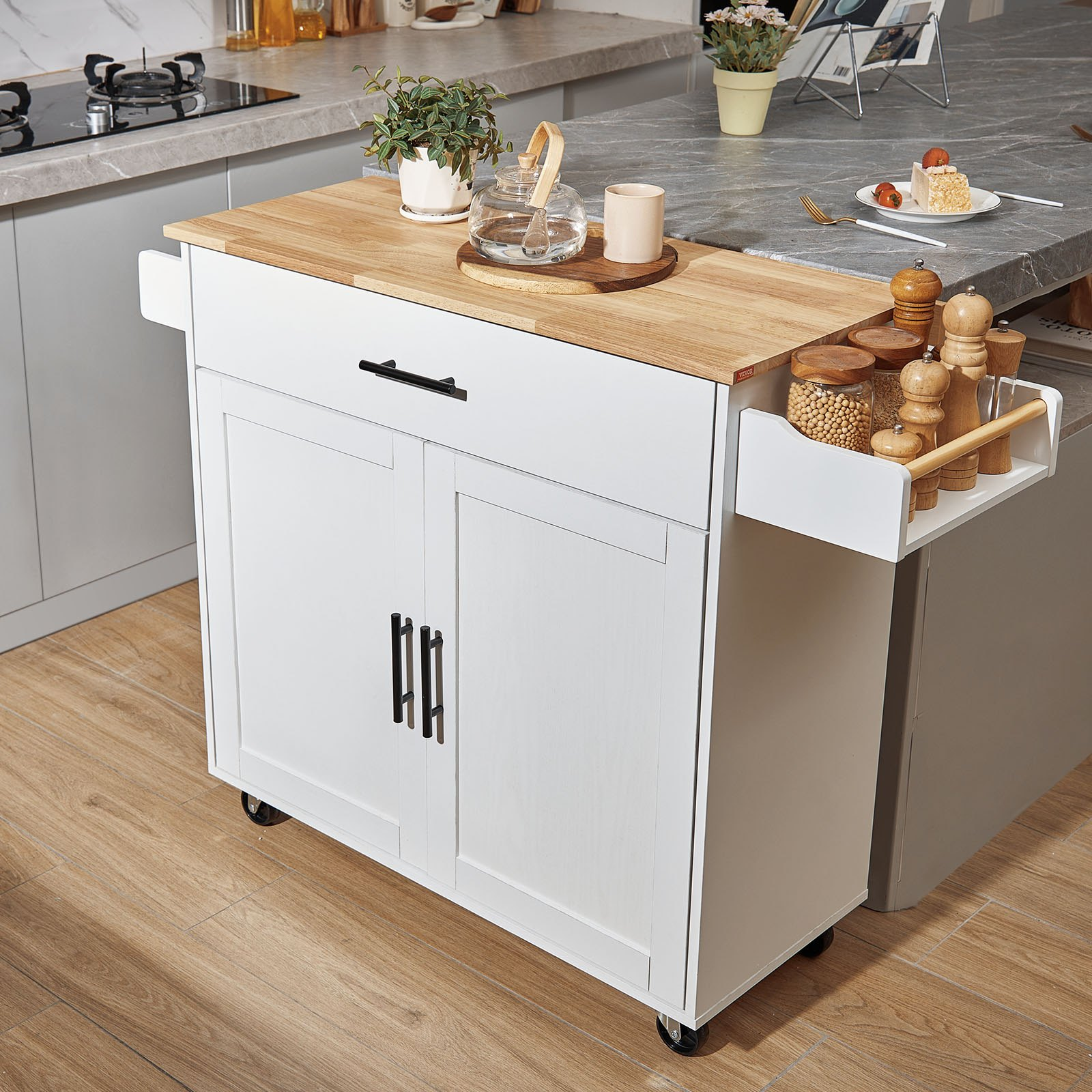 VEVOR Kitchen Island Cart with Solid Wood Top, 35.4" Width Mobile Carts with Storage Cabinet, Rolling Kitchen Table with Spice Rack, Towel Rack, Drop Leaf and Drawer, Portable Islands on Wheels, White