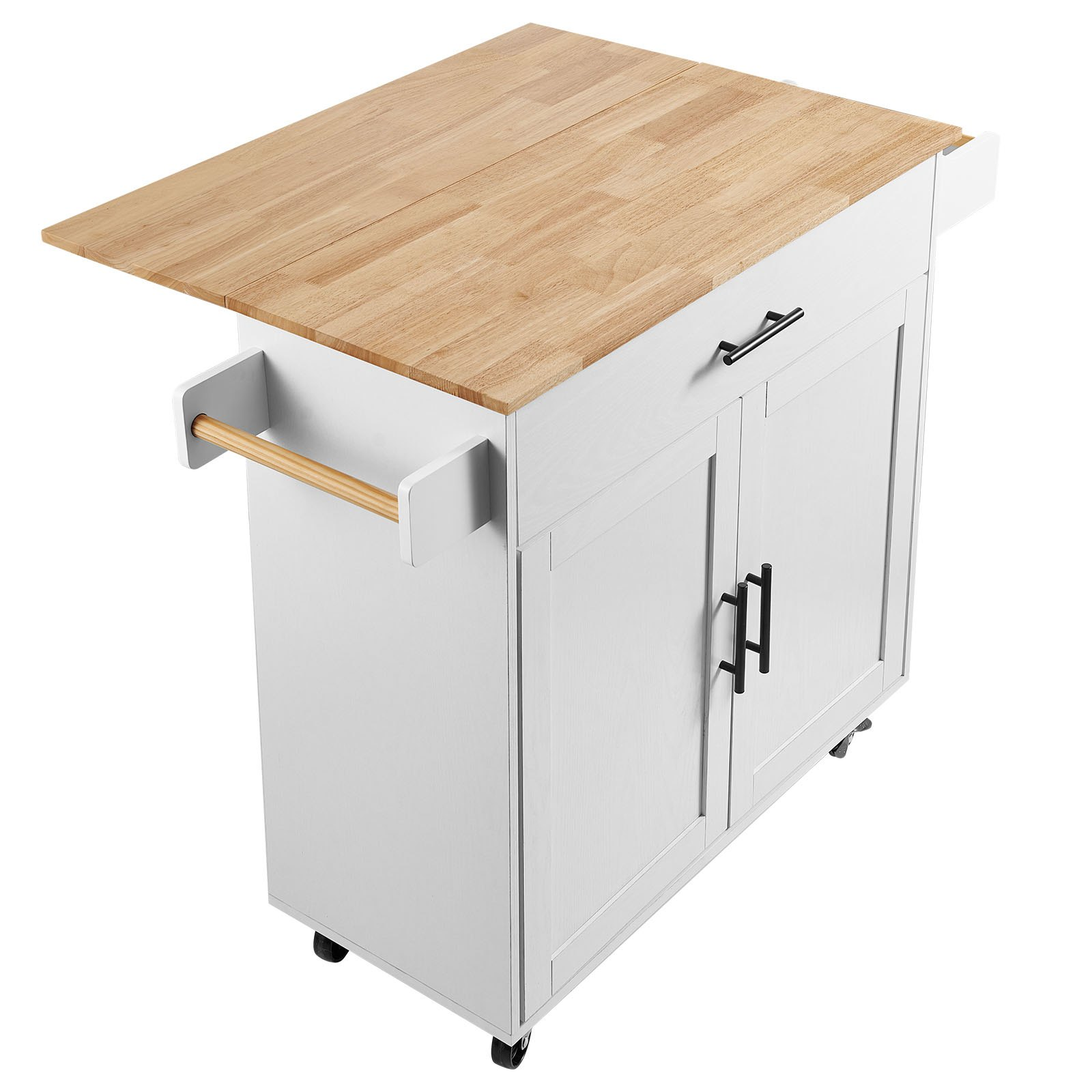 VEVOR Kitchen Island Cart with Solid Wood Top, 35.4" Width Mobile Carts with Storage Cabinet, Rolling Kitchen Table with Spice Rack, Towel Rack, Drop Leaf and Drawer, Portable Islands on Wheels, White