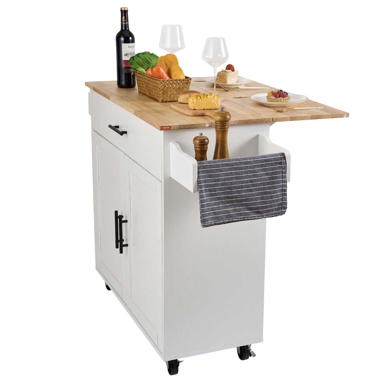 VEVOR Kitchen Island Cart with Solid Wood Top, 35.4" Width Mobile Carts with Storage Cabinet, Rolling Kitchen Table with Spice Rack, Towel Rack, Drop Leaf and Drawer, Portable Islands on Wheels, White