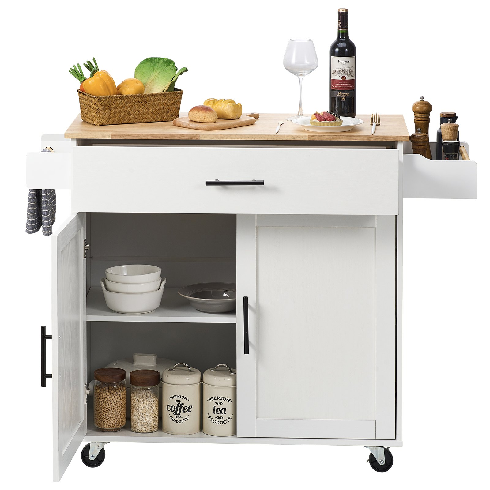 VEVOR Kitchen Island Cart with Solid Wood Top, 35.4" Width Mobile Carts with Storage Cabinet, Rolling Kitchen Table with Spice Rack, Towel Rack, Drop Leaf and Drawer, Portable Islands on Wheels, White