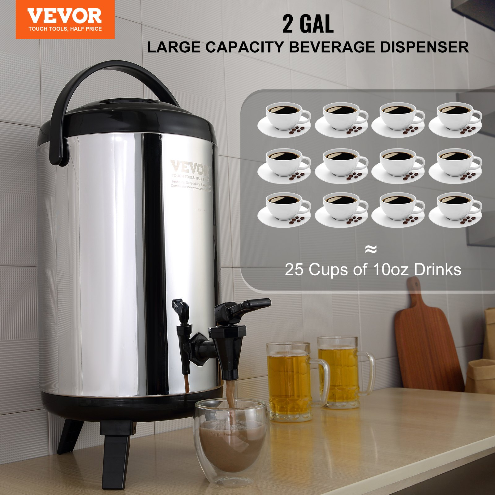 VEVOR Stainless Steel Insulated Beverage Dispenser, 2 Gallon 7.6 Liter, Thermal Hot and Cold Drink Server Dispenser with Spigot Handle, Food-grade for Hot Tea Coffee Water Restaurant Drink Shop