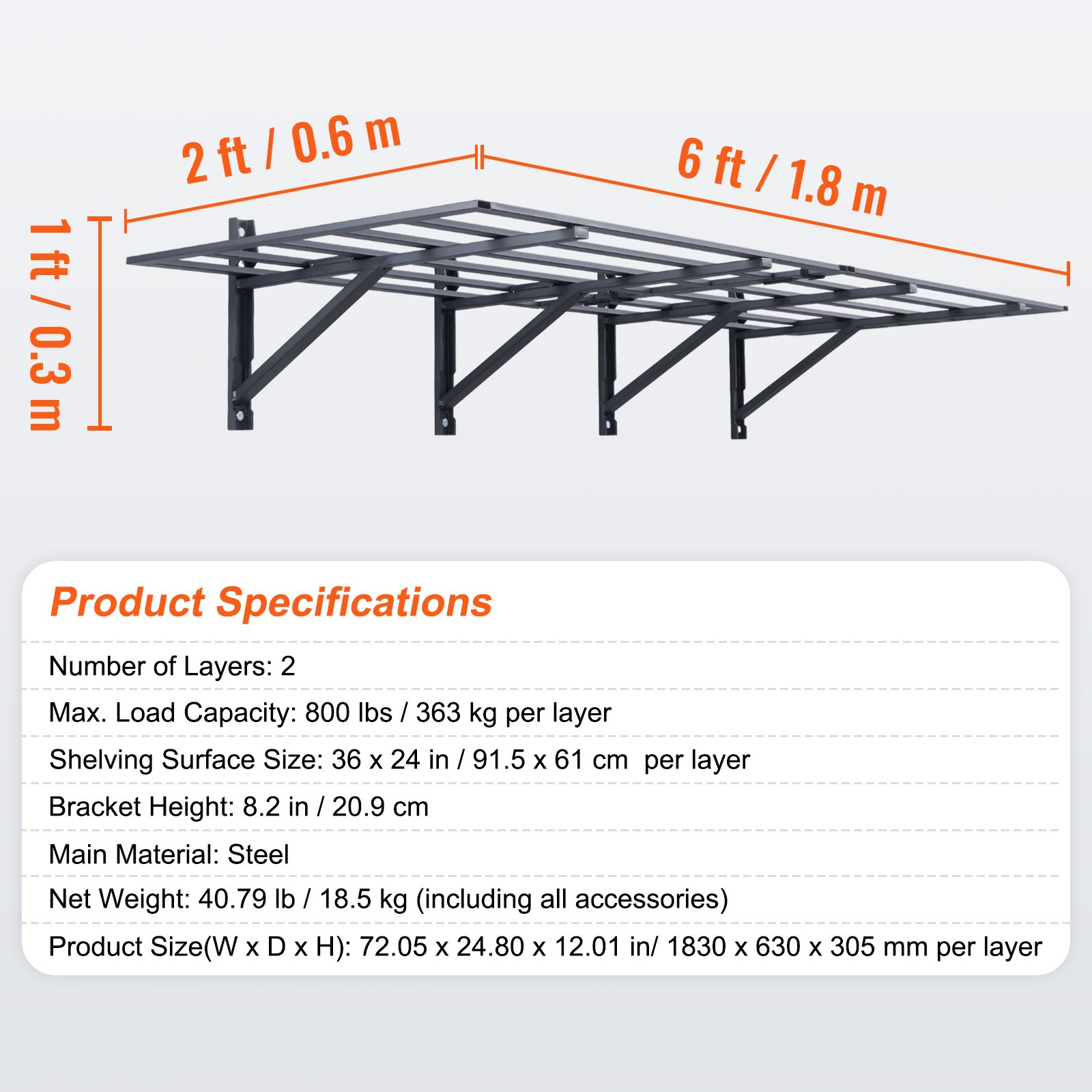 VEVOR Garage Storage Shelving, 2 Pack, 6 x 2 ft Heavy Duty Garage Shelves Wall Mounted, 1600 lbs Load Capacity(Total) Garage Storage Rack Floating Shelves, Suitable for Shop, Shed, Garage Storage