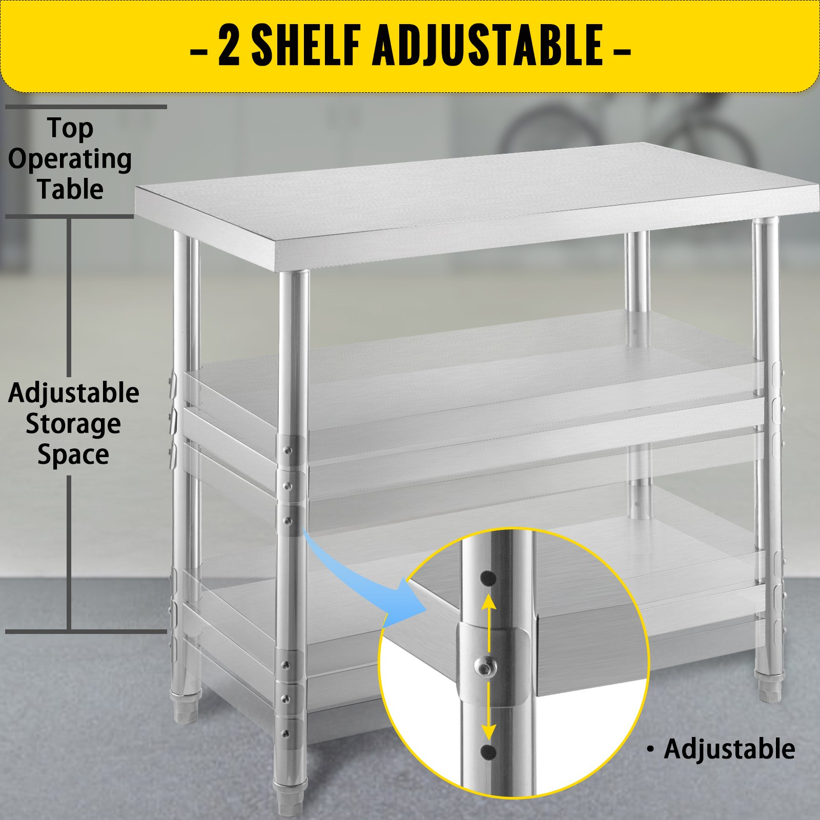 VEVOR Stainless Steel Prep Table, 60x14x33 in Commercial Stainless Steel Table, 2 Adjustable Undershelf BBQ Prep Table, Heavy Duty Kitchen Work Table, for Garage, Home, Warehouse, and Kitchen Silver