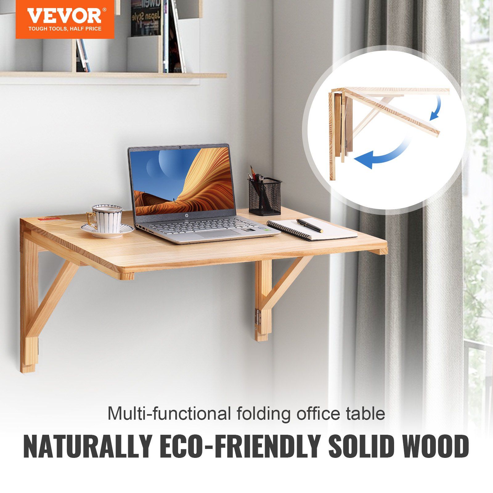 VEVOR Wall Mounted Folding Table, Wall Mounted Drop Leaf Tables, Solid Wood Floating Desk for Dining, Laundry Room, Office, 31.5" x 23.58" x 17.24" Fold Down Desk