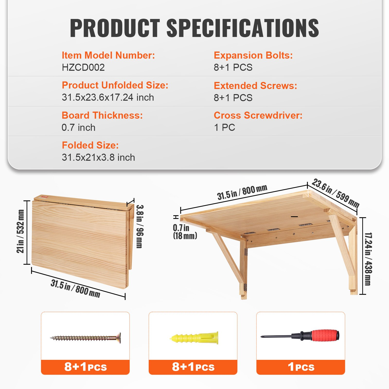 VEVOR Wall Mounted Folding Table, Wall Mounted Drop Leaf Tables, Solid Wood Floating Desk for Dining, Laundry Room, Office, 31.5" x 23.58" x 17.24" Fold Down Desk