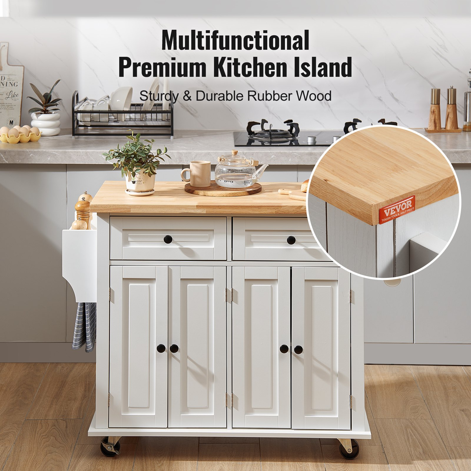 VEVOR Kitchen Island Cart with Solid Wood Top, 35.4" Width Mobile Carts with Storage Cabinet, Rolling Kitchen Table with Spice Rack, Towel Rack, and Drawer, Portable Islands on Wheels, White