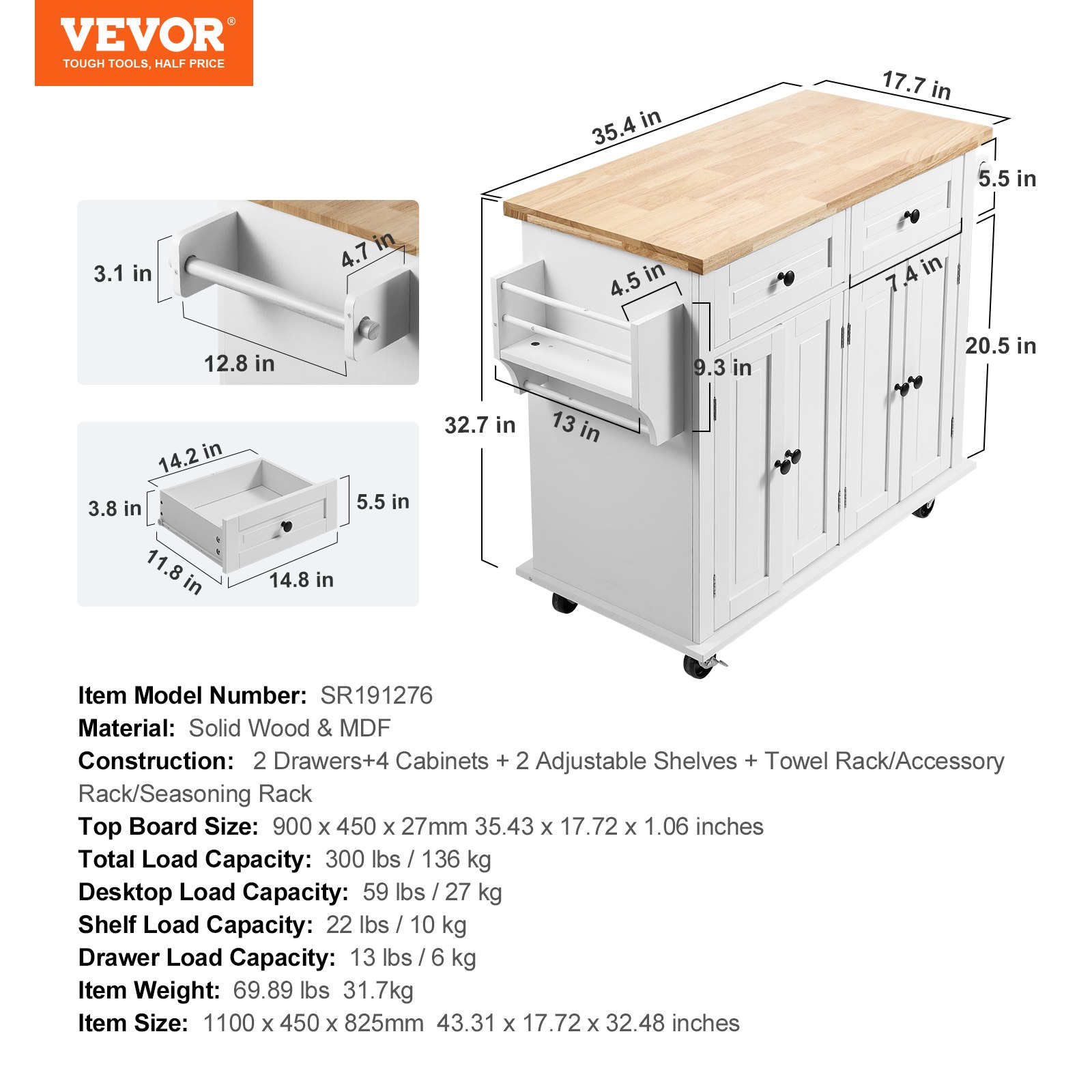 VEVOR Kitchen Island Cart with Solid Wood Top, 35.4" Width Mobile Carts with Storage Cabinet, Rolling Kitchen Table with Spice Rack, Towel Rack, and Drawer, Portable Islands on Wheels, White