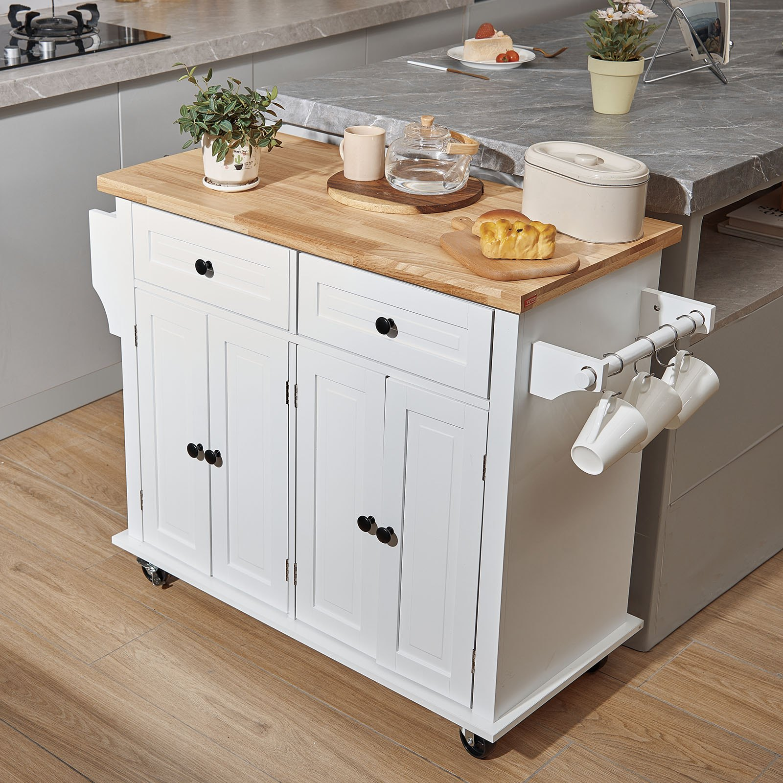 VEVOR Kitchen Island Cart with Solid Wood Top, 35.4" Width Mobile Carts with Storage Cabinet, Rolling Kitchen Table with Spice Rack, Towel Rack, and Drawer, Portable Islands on Wheels, White