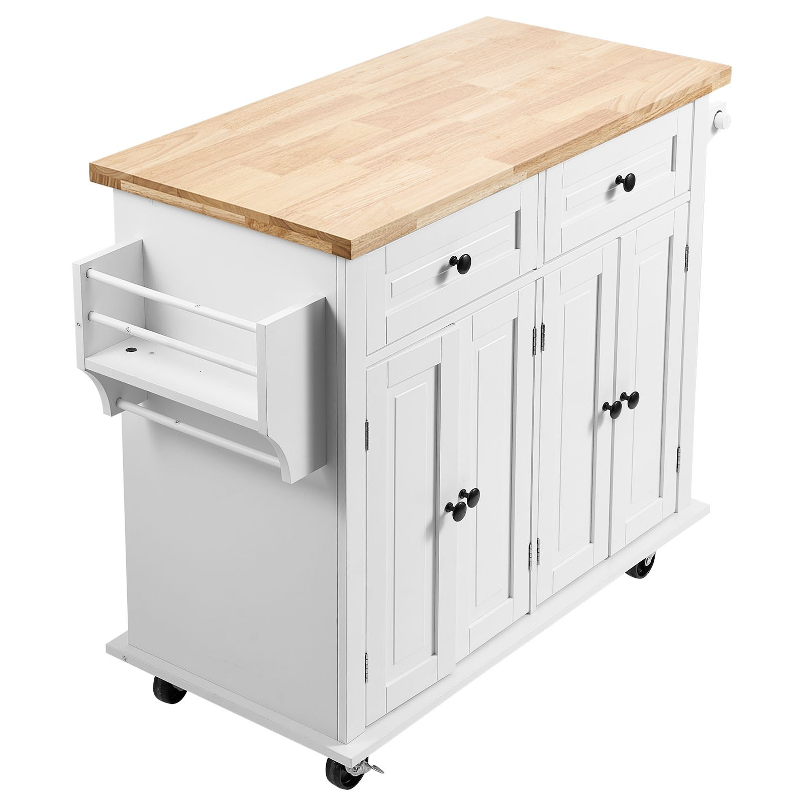 VEVOR Kitchen Island Cart with Solid Wood Top, 35.4" Width Mobile Carts with Storage Cabinet, Rolling Kitchen Table with Spice Rack, Towel Rack, and Drawer, Portable Islands on Wheels, White