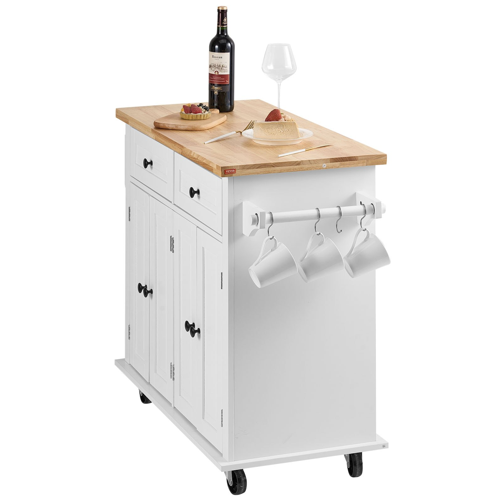 VEVOR Kitchen Island Cart with Solid Wood Top, 35.4" Width Mobile Carts with Storage Cabinet, Rolling Kitchen Table with Spice Rack, Towel Rack, and Drawer, Portable Islands on Wheels, White