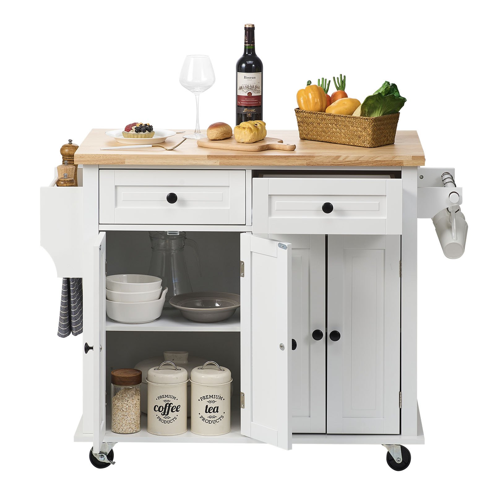 VEVOR Kitchen Island Cart with Solid Wood Top, 35.4" Width Mobile Carts with Storage Cabinet, Rolling Kitchen Table with Spice Rack, Towel Rack, and Drawer, Portable Islands on Wheels, White