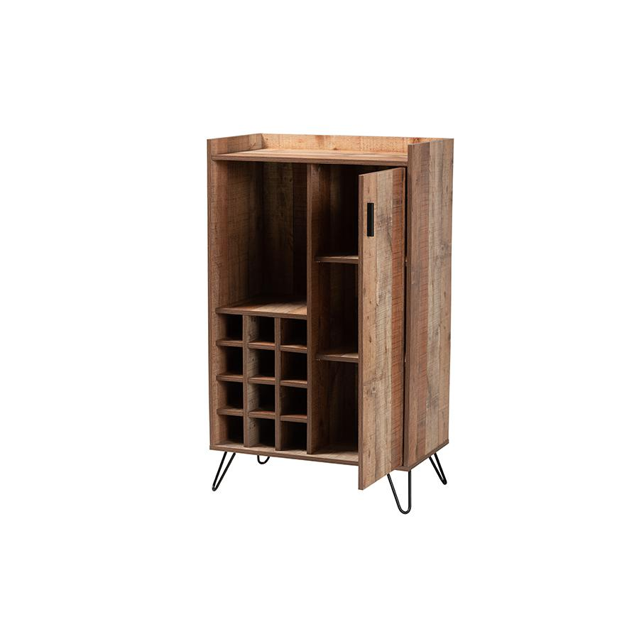 Rustic Brown Finished Wood and Black Metal Wine Storage Cabinet