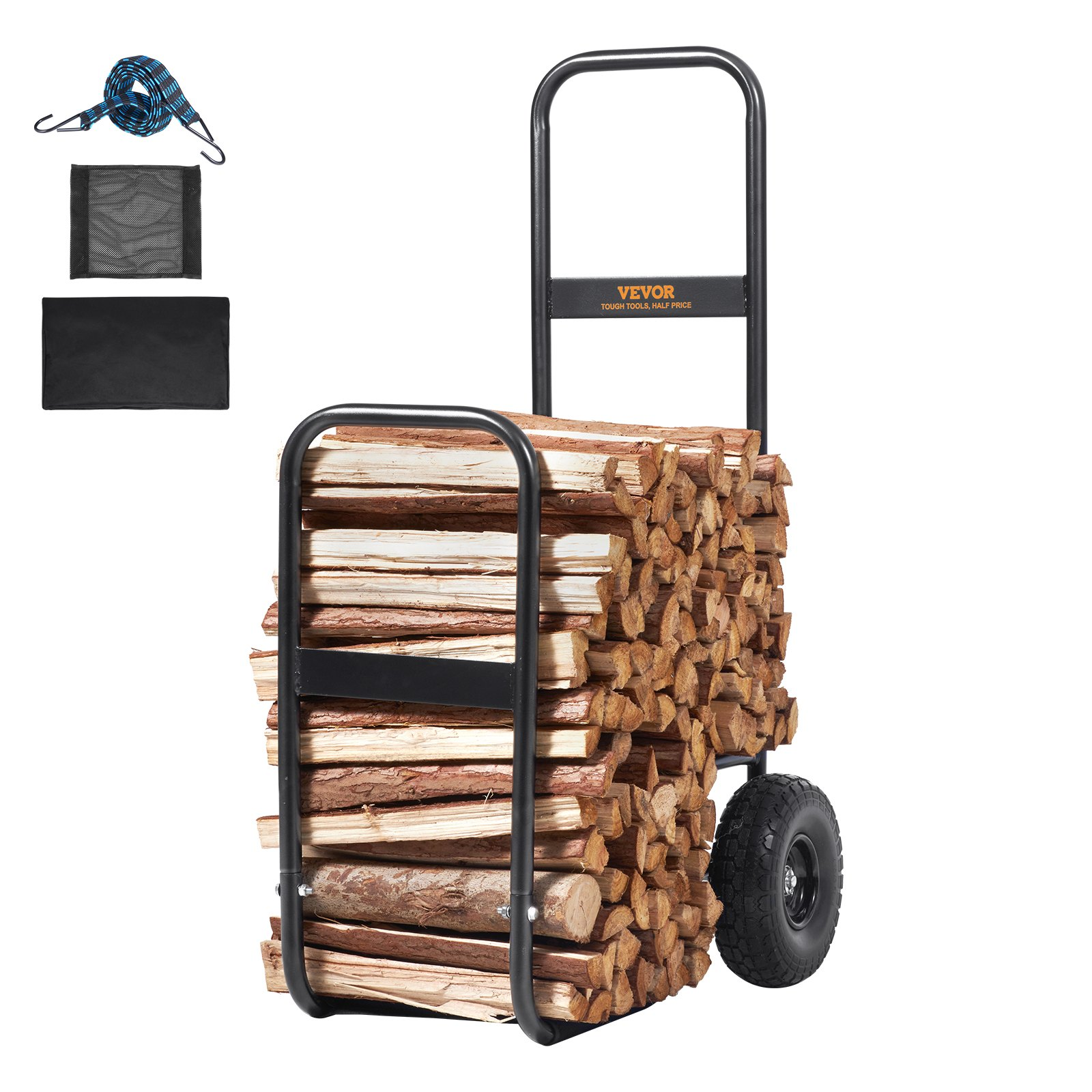 VEVOR Firewood Log Cart, 250 lbs Capacity, Outdoor and Indoor Wood Rack Storage Mover with PU Wheels & Waterproof Cloth, Heavy Duty Steel Dolly Hauler, Firewood Carrier for Fireplace, Fire Pit, Black