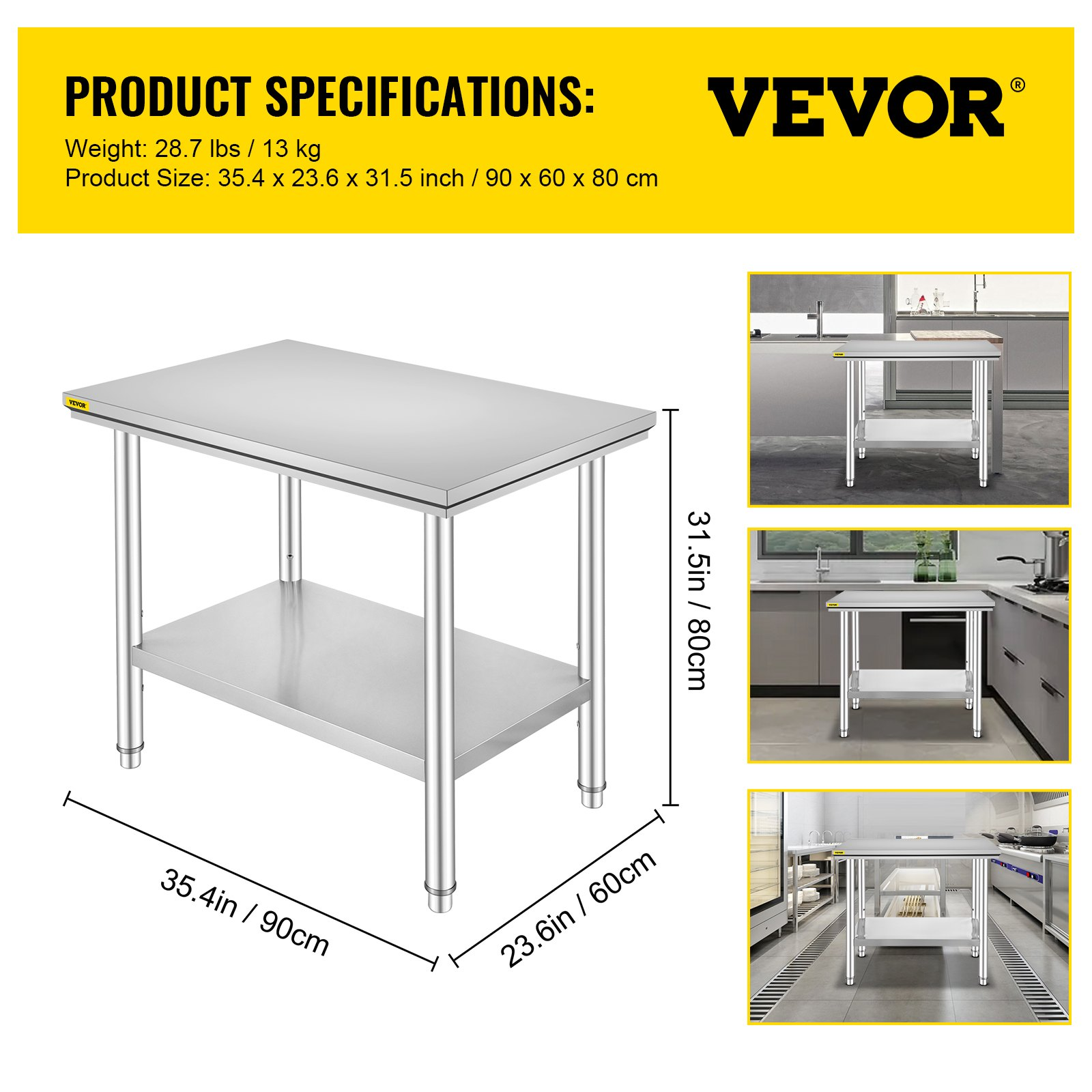 VEVOR Stainless Steel Work Table 24 x 36 x 32 Inch Commercial Kitchen Prep & Work Table Heavy Duty Prep Worktable Metal Work Table with Adjustable Feet for Restaurant, Home and Hotel