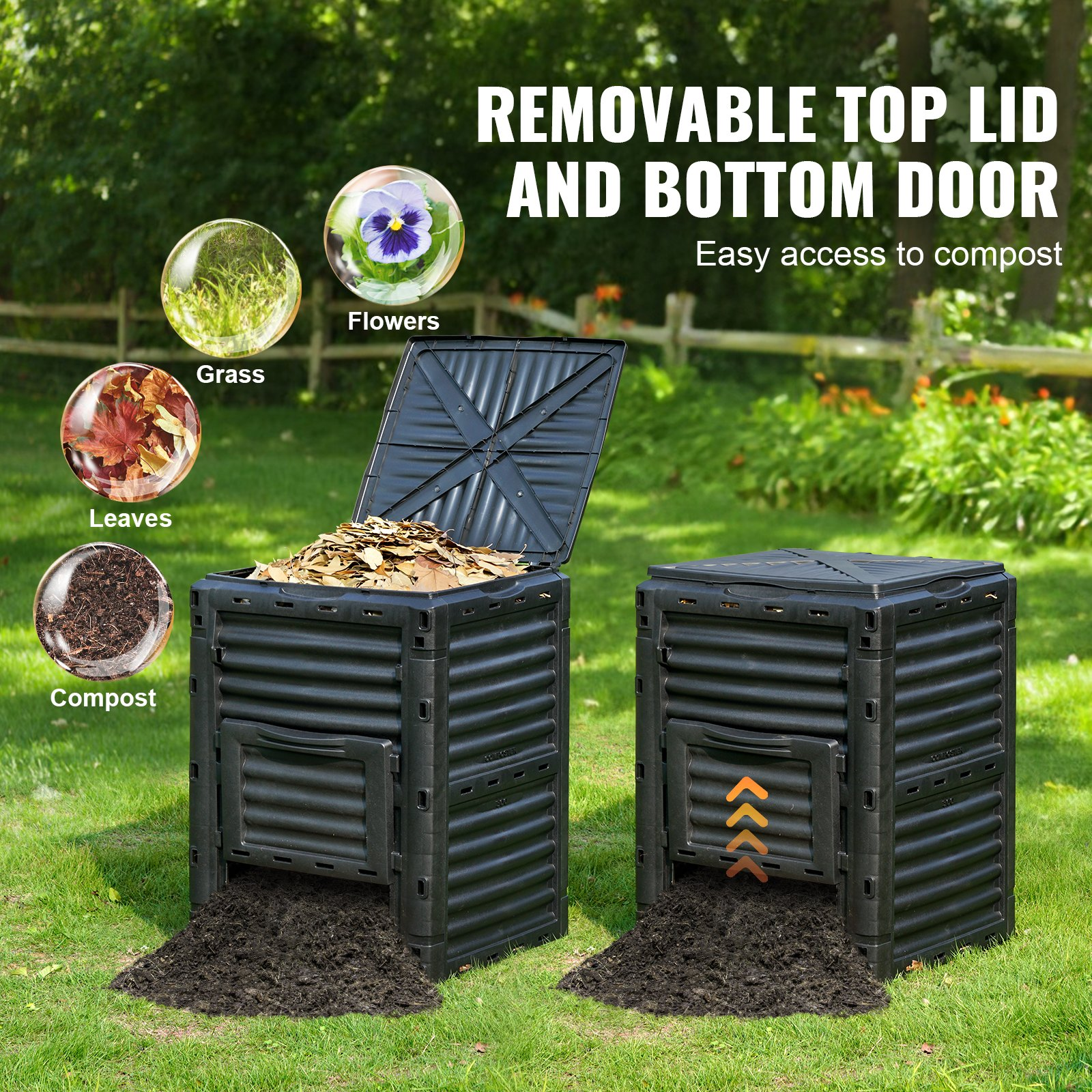 VEVOR Garden Compost Bin 80 Gal, BPA Free Composter, Large Capacity Outdoor Composting Bin with Top Lid and Bottom Door, Easy Assembling, Lightweight, Fast Creation of Fertile Soil