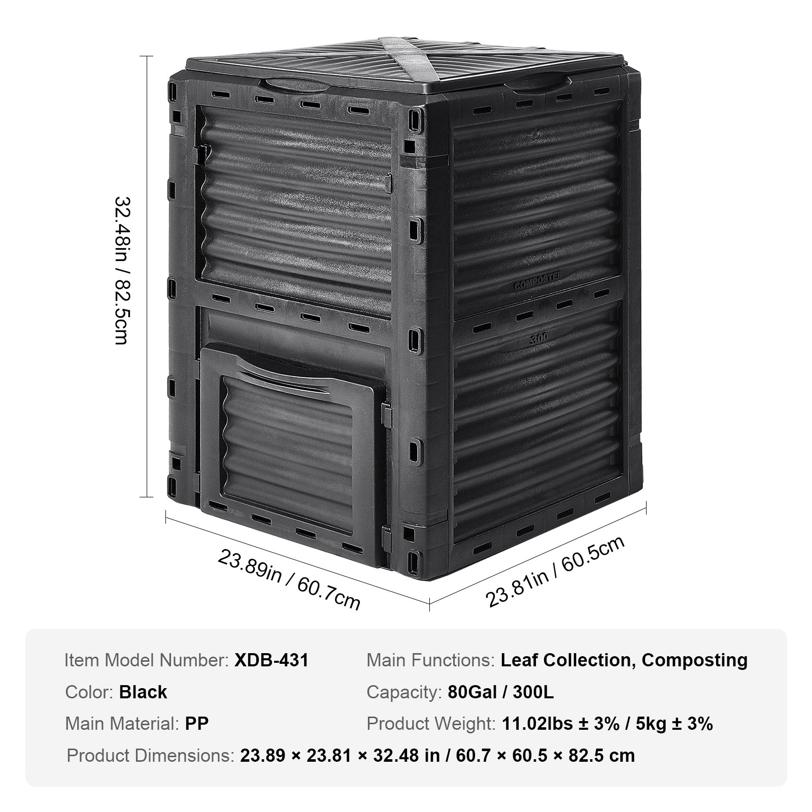 VEVOR Garden Compost Bin 80 Gal, BPA Free Composter, Large Capacity Outdoor Composting Bin with Top Lid and Bottom Door, Easy Assembling, Lightweight, Fast Creation of Fertile Soil