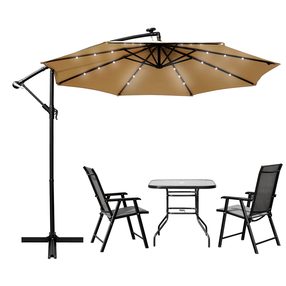 Outdoor 10 Ft Offset Cantilever Hanging Patio Umbrella With Solar Powered LED