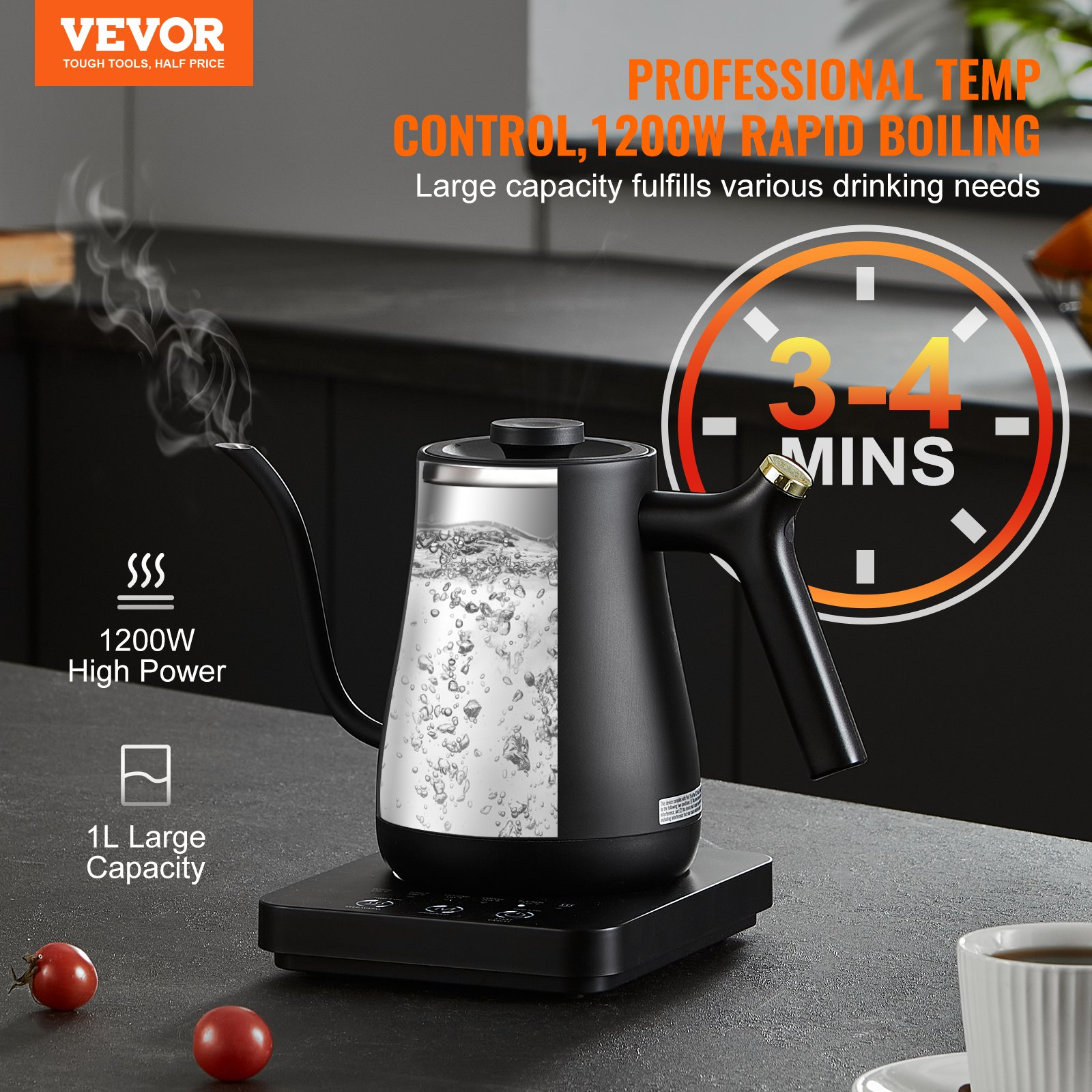 VEVOR Electric Gooseneck Kettle 1L, Temperature Control Pour Over Coffee Kettle with 5 Variable Presets, 304 Food Grade Stainless Steel Hot Water Tea Boiler & Boil-Dry Protection, Keep Warm, 1200W