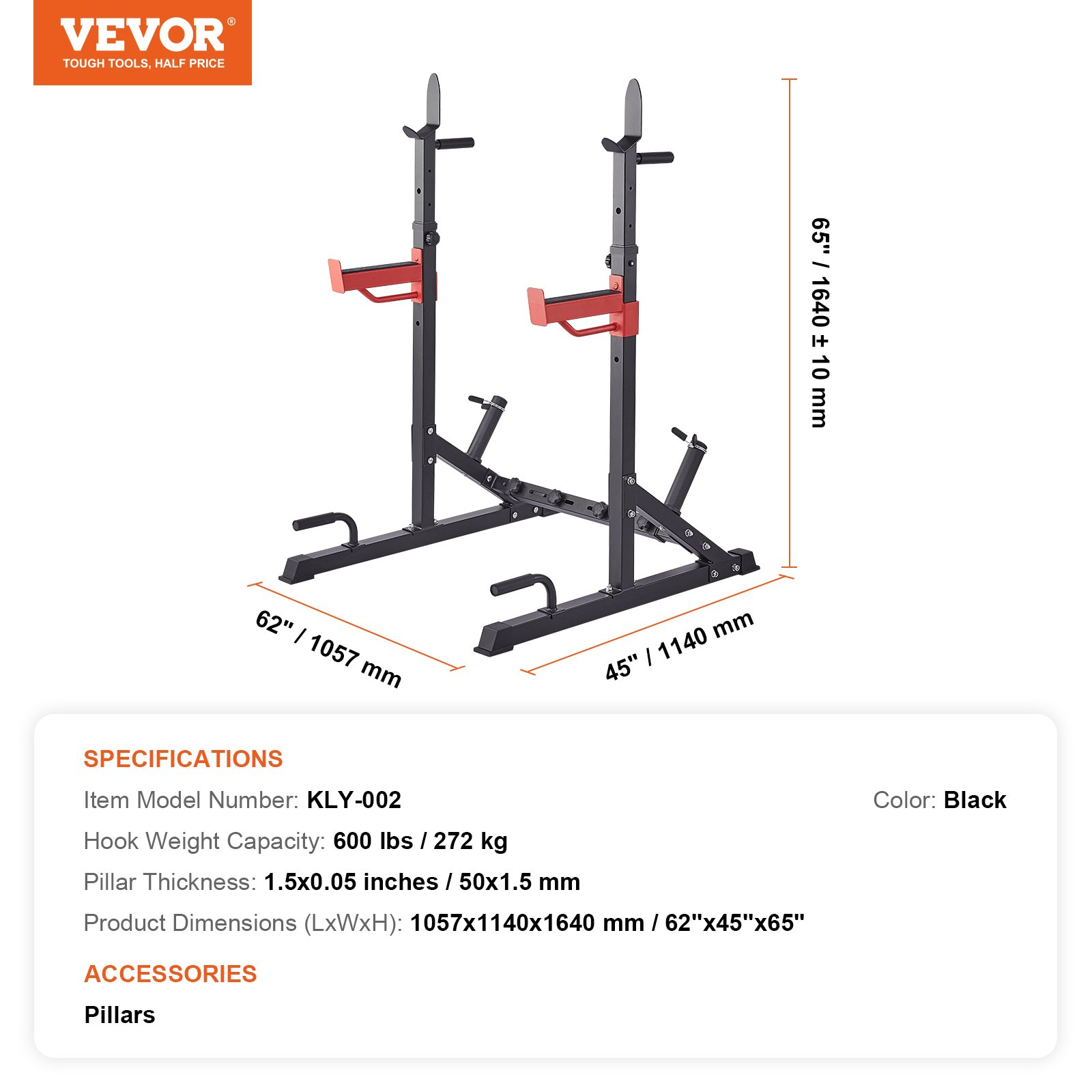 VEVOR Squat Stand Power Rack, Multi-Functional Barbell Rack with Hook, Weight Plate Storage Attachment, Adjustable Free Bench Press Stands, Max Load 600 Lbs Steel Exercise Squat Stand for Gym/Home Gym