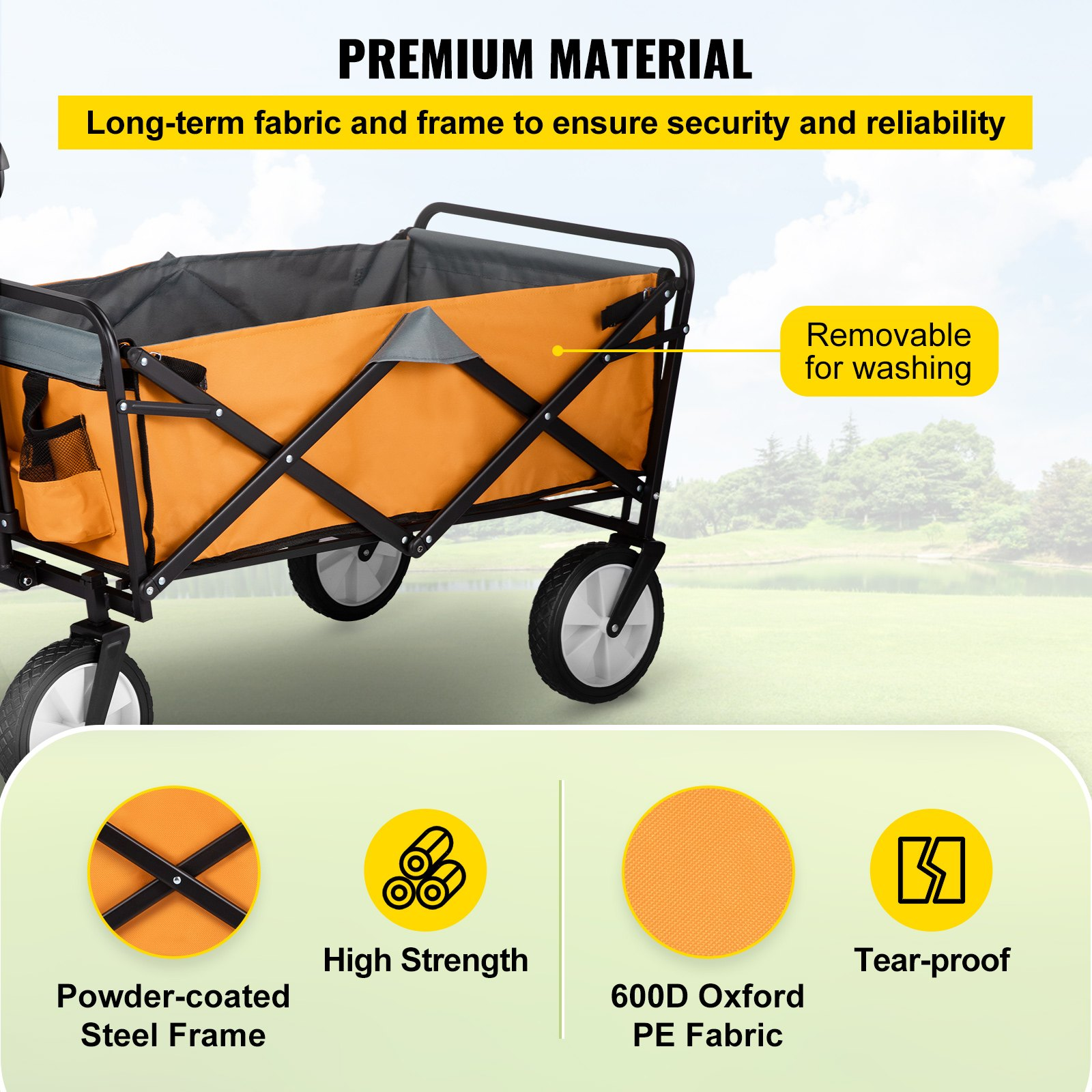 VEVOR Wagon Cart, Collapsible Folding Cart with 176lbs Load, Outdoor Utility Garden Cart, Adjustable Handle, Portable Foldable Wagons with Wheels for Beach, Camping, Grocery, Orange