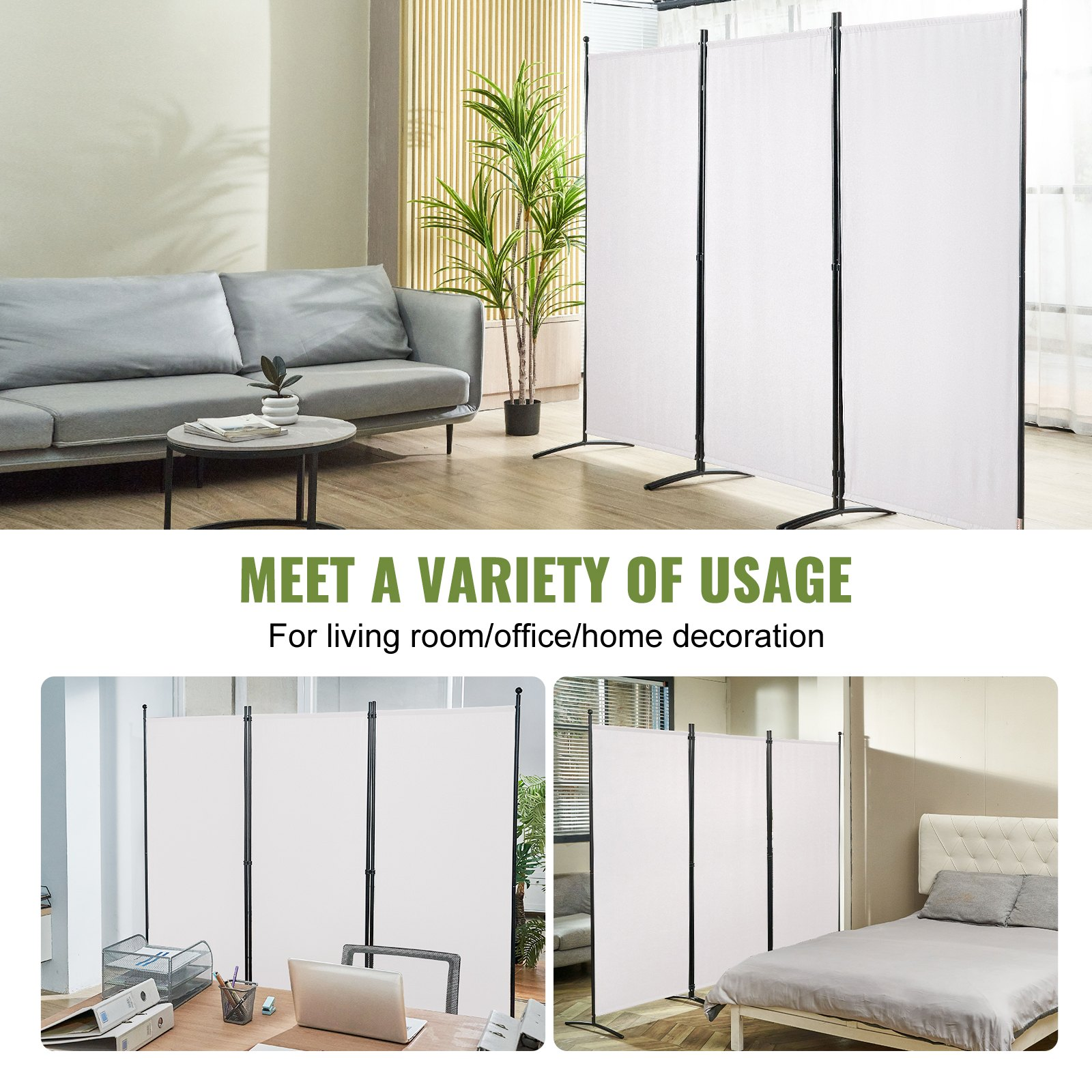 VEVOR Room Divider, 6.1 ft （102×71inch）Room Dividers and Folding Privacy Screens (3-panel), Fabric Partition Room Dividers for Office, Bedroom, Dining Room, Study, Freestanding, White