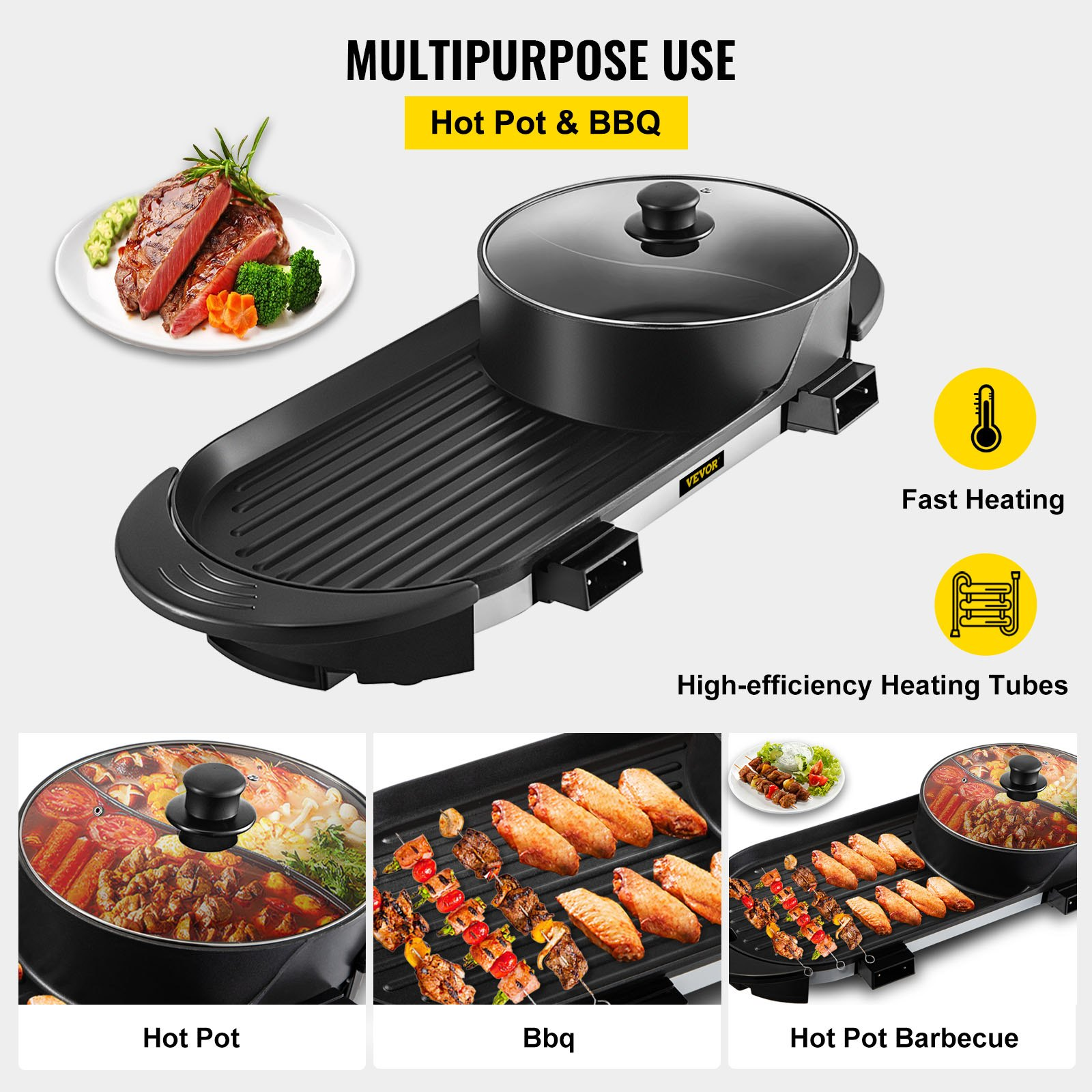 VEVOR 2 in 1 BBQ Grill and Hot Pot with Divider, Aluminum Alloy Electric BBQ Stove Hot Pot, Separate Dual Thermostat Teppanyaki Grill Pot with 5 Speed, for Family Dinner Friends Party Black