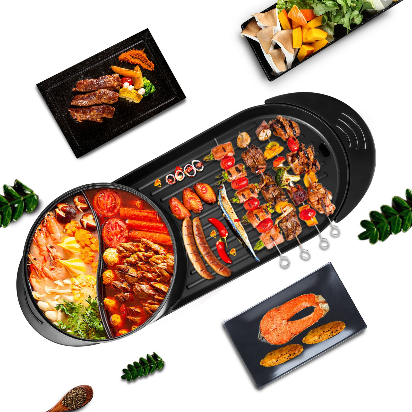 VEVOR 2 in 1 BBQ Grill and Hot Pot with Divider, Aluminum Alloy Electric BBQ Stove Hot Pot, Separate Dual Thermostat Teppanyaki Grill Pot with 5 Speed, for Family Dinner Friends Party Black