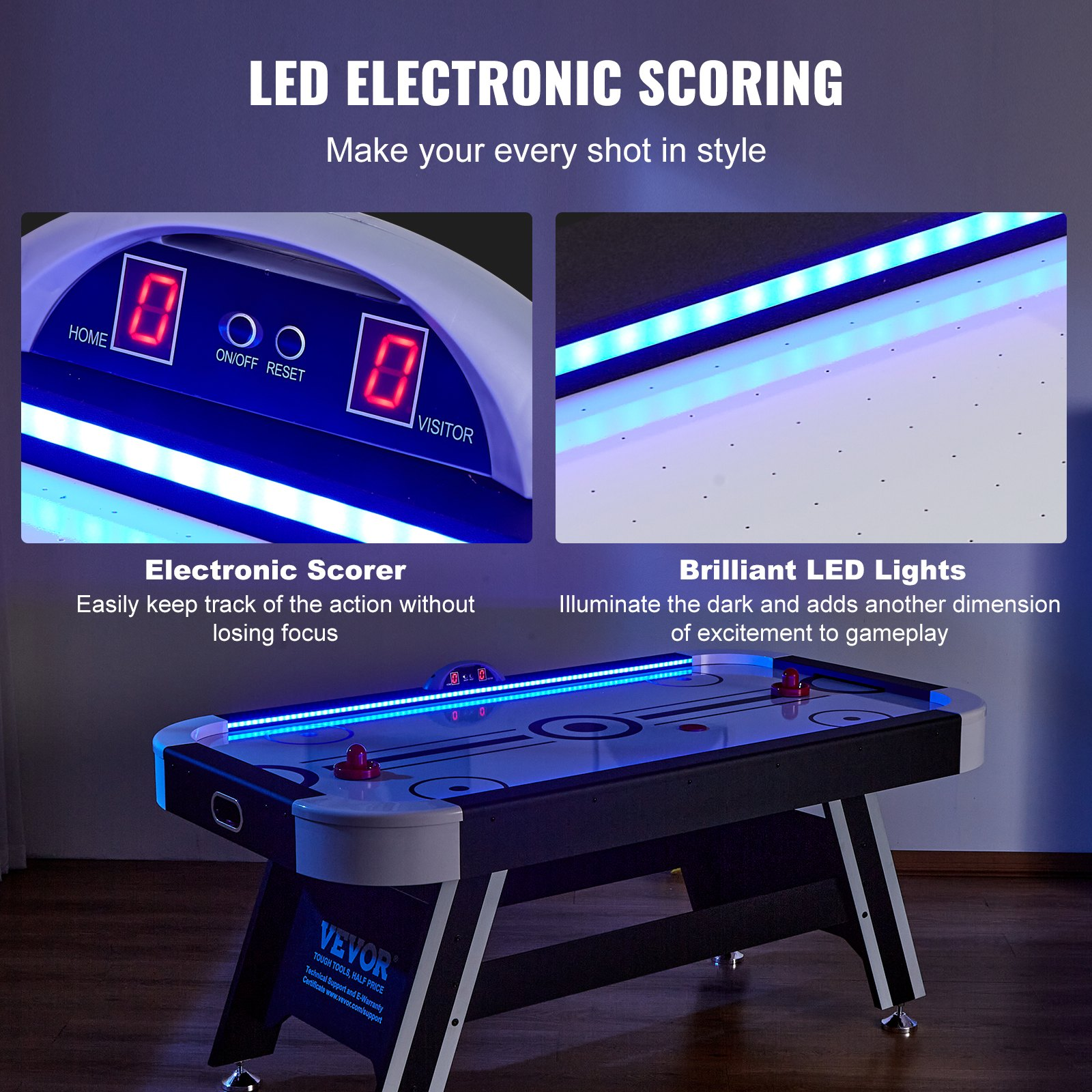 VEVOR Air-Powered Hockey Table, 72" Indoor Hockey Table for Kids and Adults, LED Sports Hockey Game with 2 Pucks, 2 Pushers, and Electronic Score System, Arcade Gaming Set for Game Room Family Home