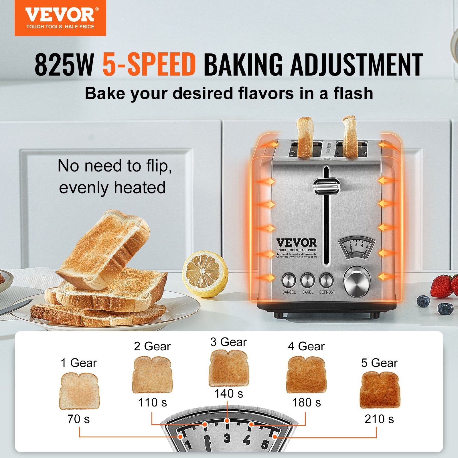 VEVOR Retro Stainless Steel Toaster 2 Slice, 825W 1.5" Extra Wide Slots Toaster with Removable Crumb Tray 6 Browning Levels, Reheat Cancel Defrost and Bagel Functions for Toasting Waffle Bread Bagel