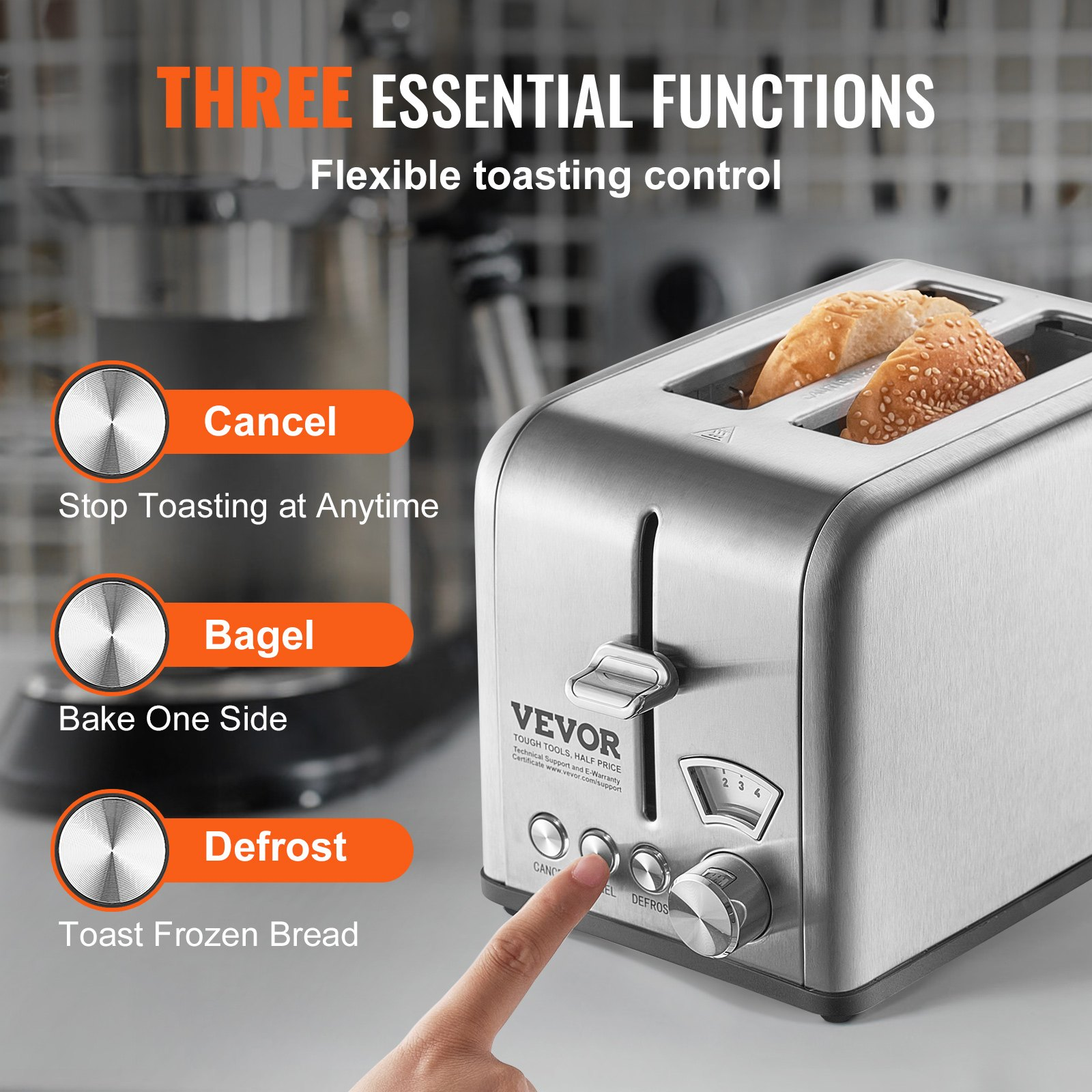 VEVOR Retro Stainless Steel Toaster 2 Slice, 825W 1.5" Extra Wide Slots Toaster with Removable Crumb Tray 6 Browning Levels, Reheat Cancel Defrost and Bagel Functions for Toasting Waffle Bread Bagel