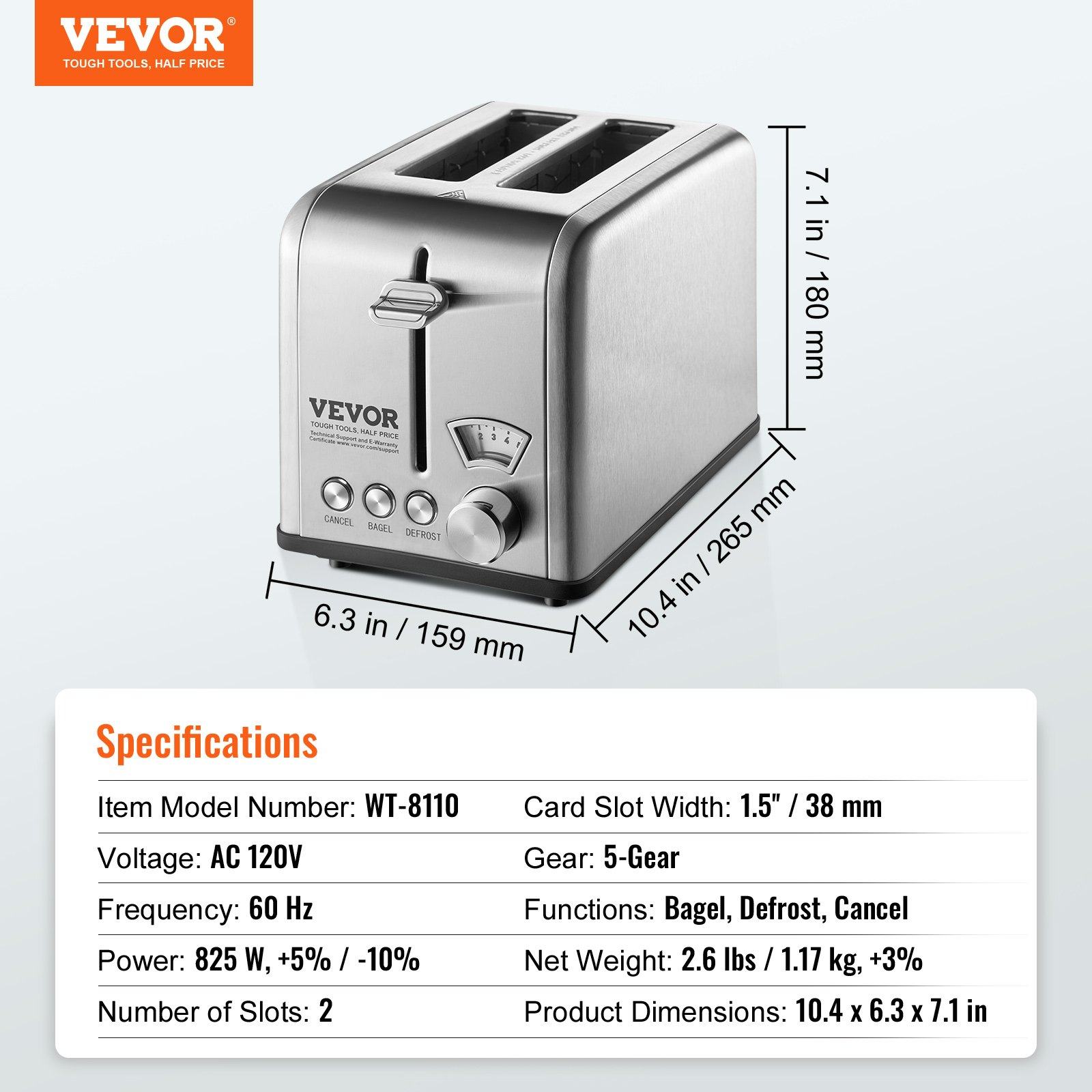 VEVOR Retro Stainless Steel Toaster 2 Slice, 825W 1.5" Extra Wide Slots Toaster with Removable Crumb Tray 6 Browning Levels, Reheat Cancel Defrost and Bagel Functions for Toasting Waffle Bread Bagel