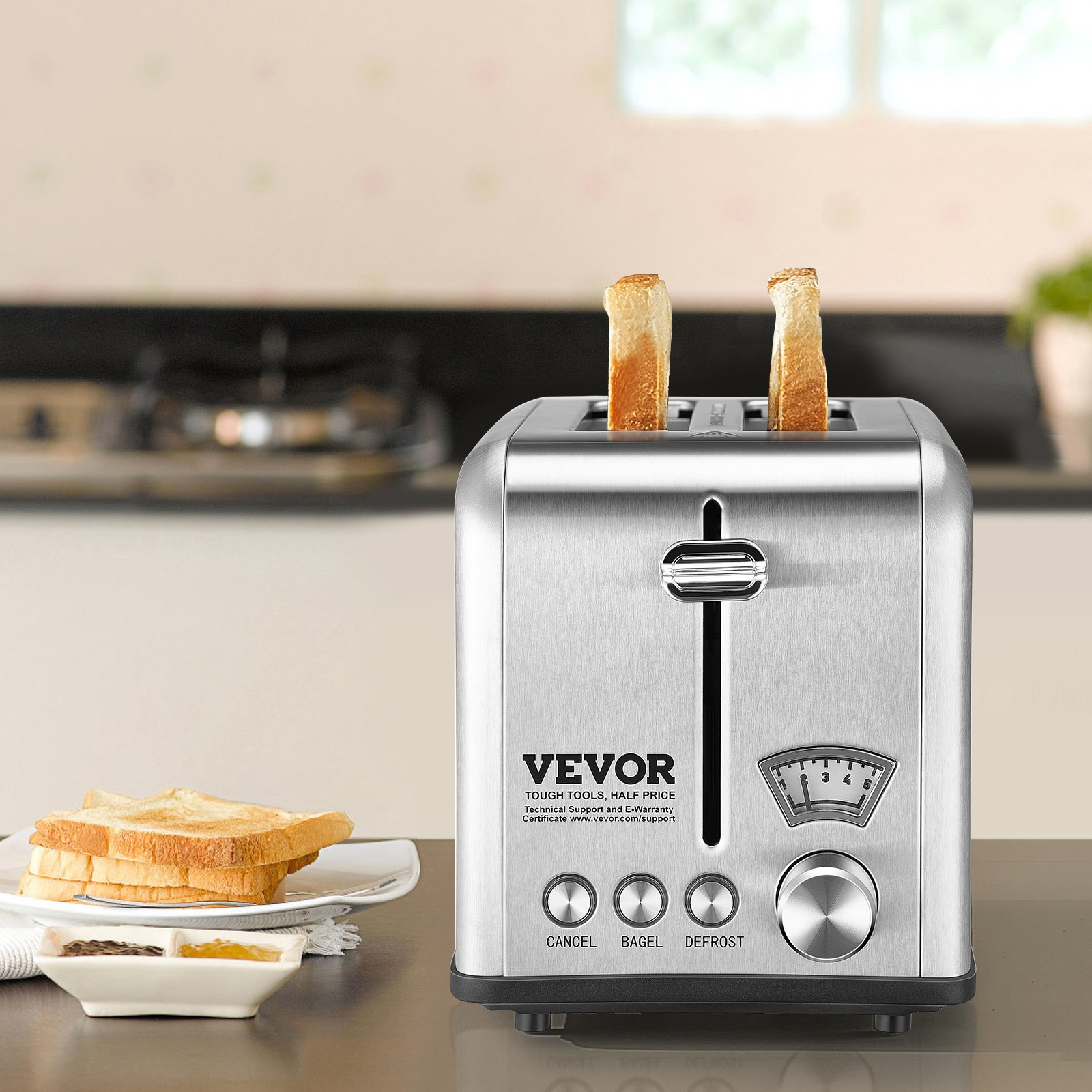 VEVOR Retro Stainless Steel Toaster 2 Slice, 825W 1.5" Extra Wide Slots Toaster with Removable Crumb Tray 6 Browning Levels, Reheat Cancel Defrost and Bagel Functions for Toasting Waffle Bread Bagel