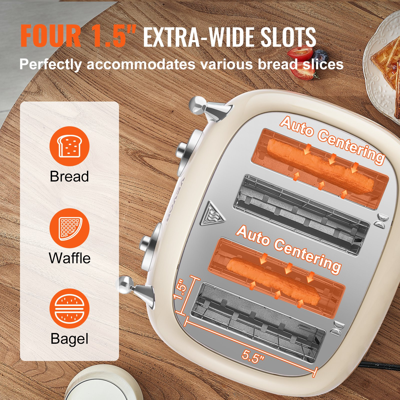 VEVOR Brushed Stainless Steel Toaster, 4 Slice, 1650W 1.5'' Extra Wide Slots Toaster with Removable Crumb Tray 5 Browning Levels, Cancel Defrost and Bagel Functions for Toasting Bread Bagel Waffle