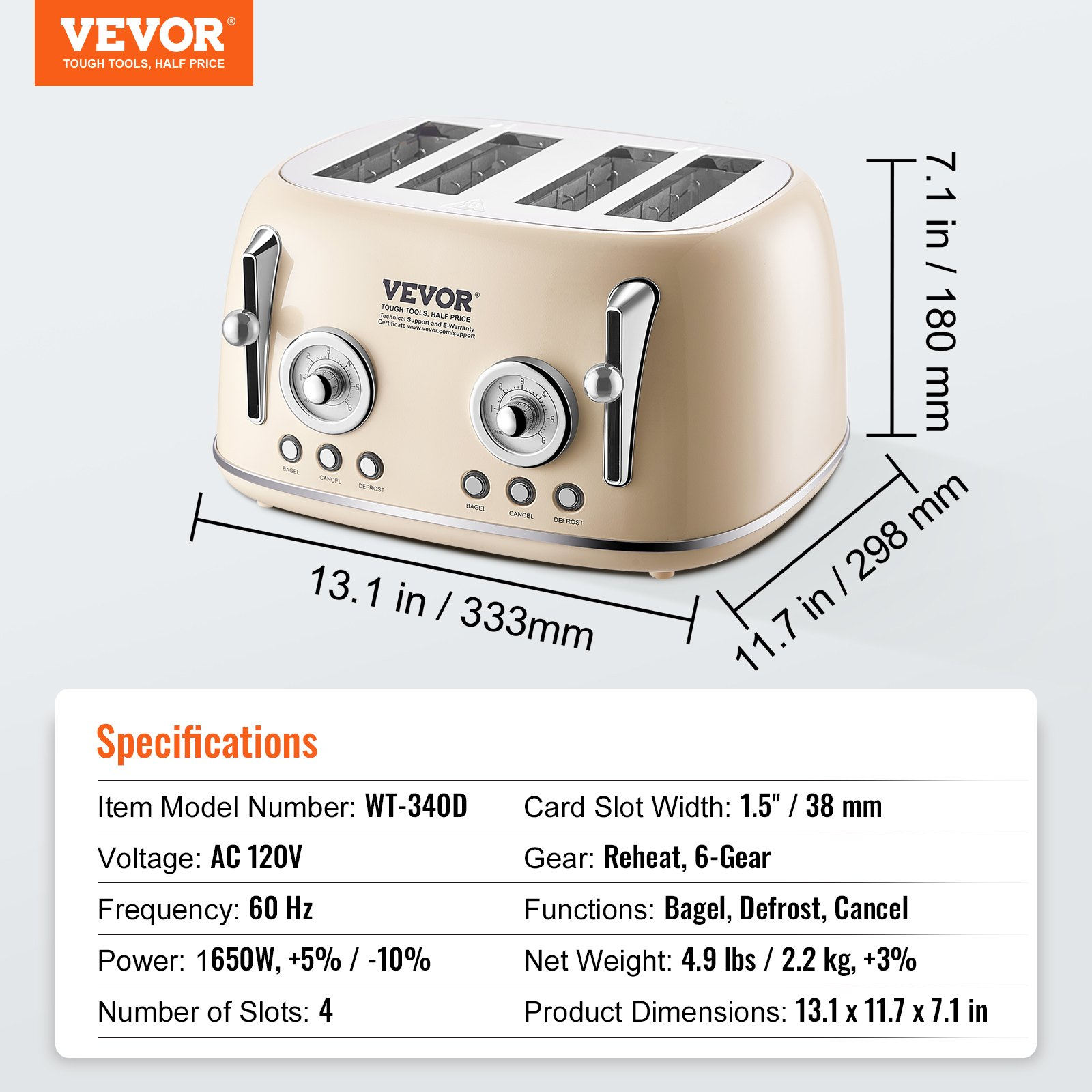 VEVOR Brushed Stainless Steel Toaster, 4 Slice, 1650W 1.5'' Extra Wide Slots Toaster with Removable Crumb Tray 5 Browning Levels, Cancel Defrost and Bagel Functions for Toasting Bread Bagel Waffle