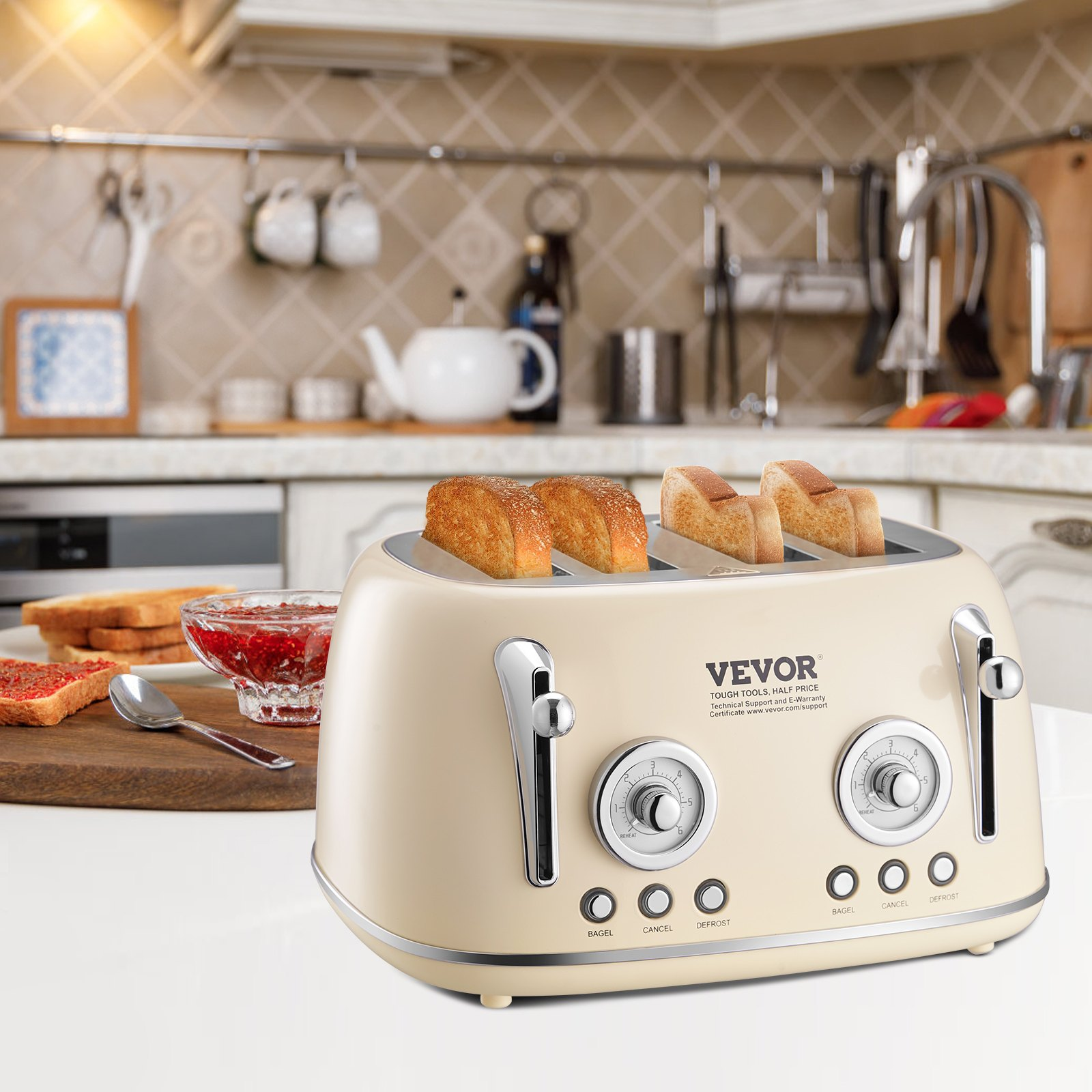 VEVOR Brushed Stainless Steel Toaster, 4 Slice, 1650W 1.5'' Extra Wide Slots Toaster with Removable Crumb Tray 5 Browning Levels, Cancel Defrost and Bagel Functions for Toasting Bread Bagel Waffle