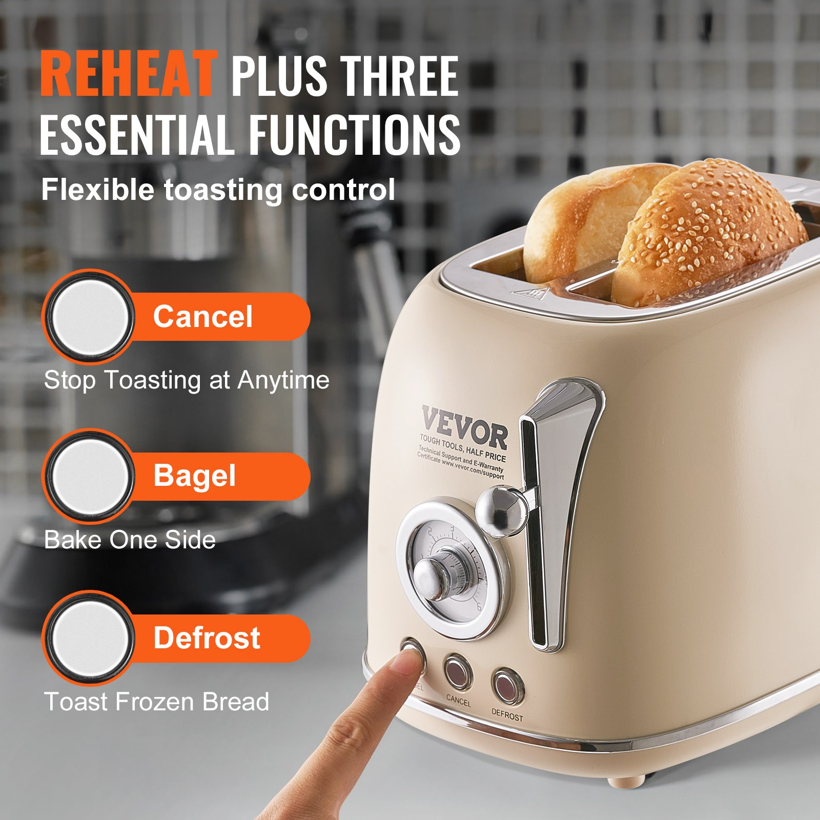 VEVOR Brushed Stainless Steel Toaster, 2 Slice, 825W 1.5'' Extra Wide Slots Toaster with Removable Crumb Tray 5 Browning Levels, Cancel Defrost and Bagel Functions for Toasting Bread Bagel Waffle