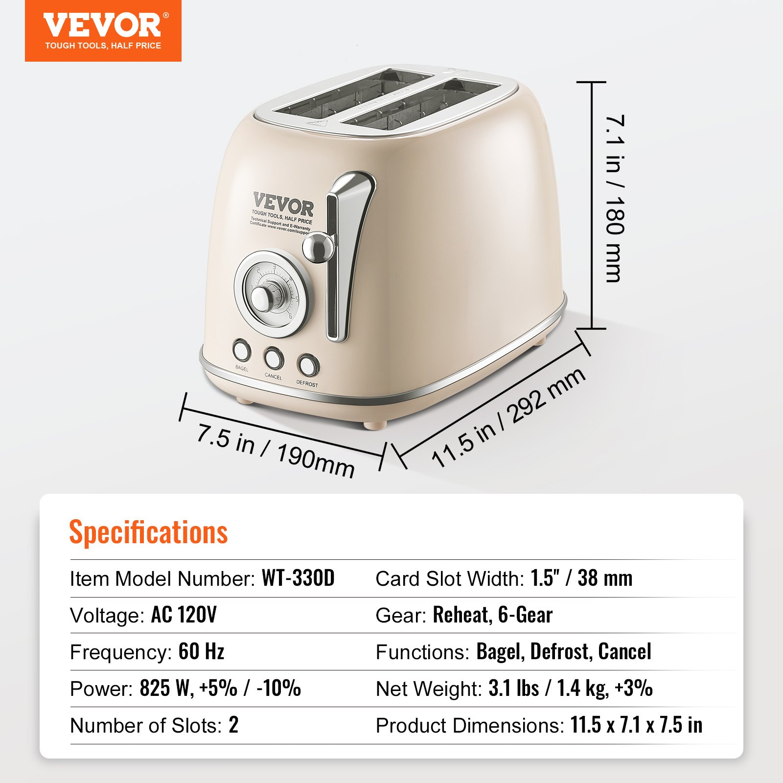 VEVOR Brushed Stainless Steel Toaster, 2 Slice, 825W 1.5'' Extra Wide Slots Toaster with Removable Crumb Tray 5 Browning Levels, Cancel Defrost and Bagel Functions for Toasting Bread Bagel Waffle