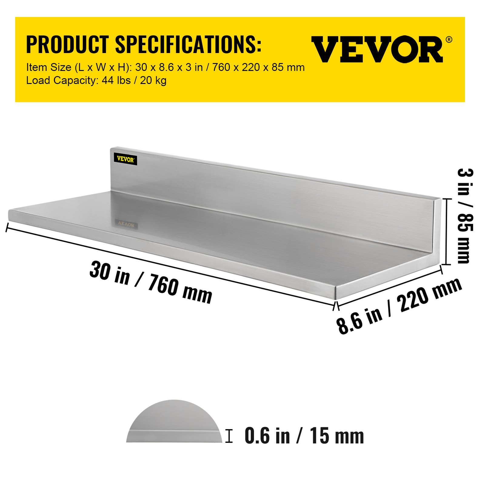 VEVOR Stainless Steel Wall Shelf, 8.6'' x 30'', 44 lbs Load Heavy Duty Commercial Wall Mount Shelving w/ Backsplash for Restaurant, Home, Kitchen, Hotel, Laundry Room, Bar (2 Packs)