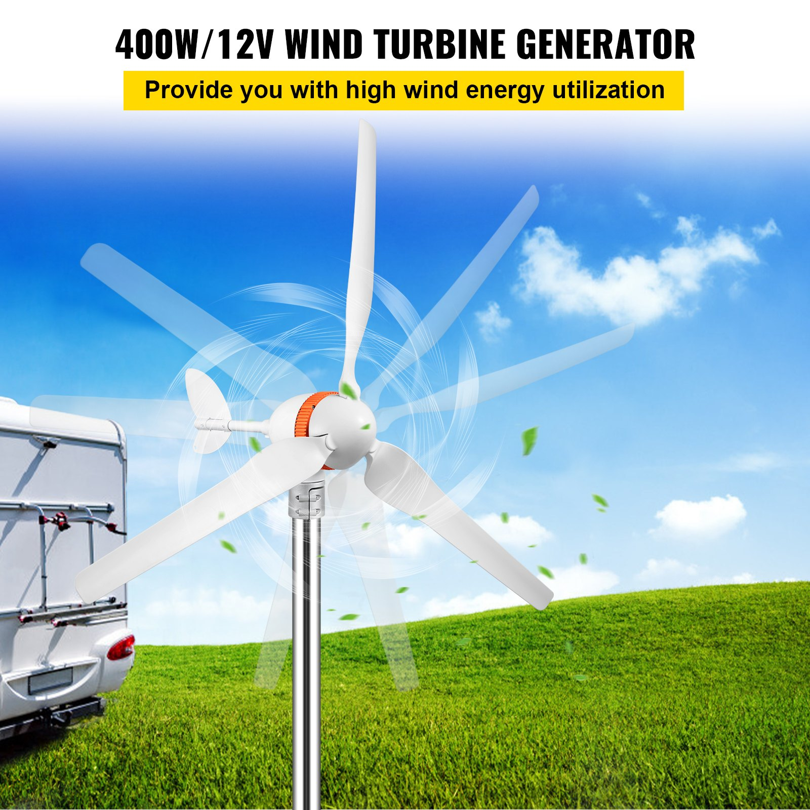 VEVOR Wind Turbine Generator, 12V/AC Wind Turbine Kit, 400W Wind Power Generator w/Wind & Solar Controller 3 Blades Auto Adjust Windward Direction Suitable for Terrace, Marine, Motorhome, Chalet, Boat