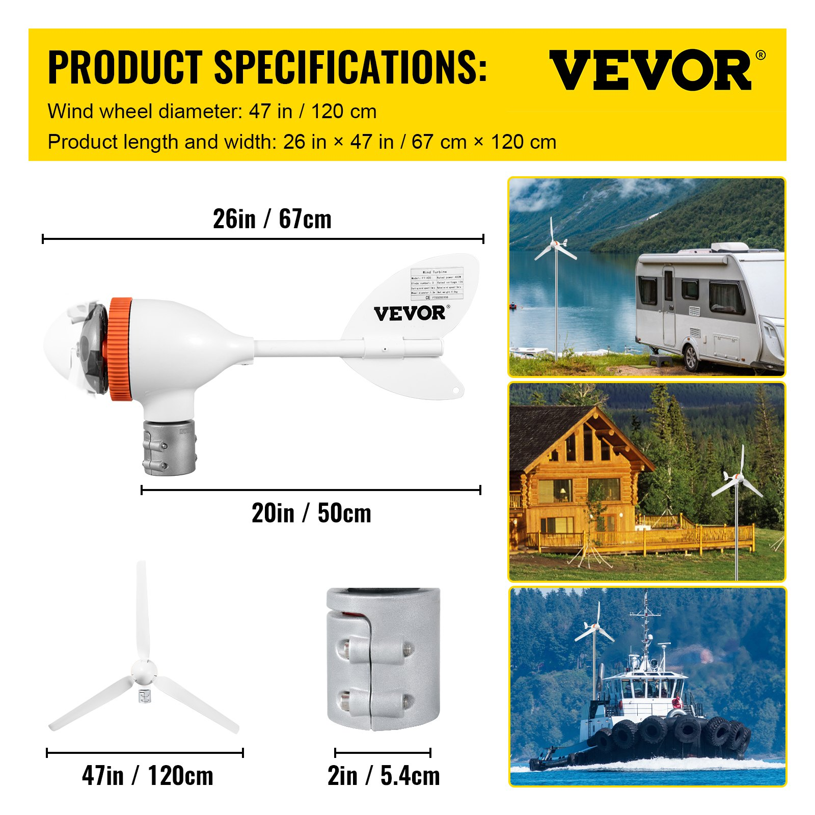 VEVOR Wind Turbine Generator, 12V/AC Wind Turbine Kit, 400W Wind Power Generator w/Wind & Solar Controller 3 Blades Auto Adjust Windward Direction Suitable for Terrace, Marine, Motorhome, Chalet, Boat