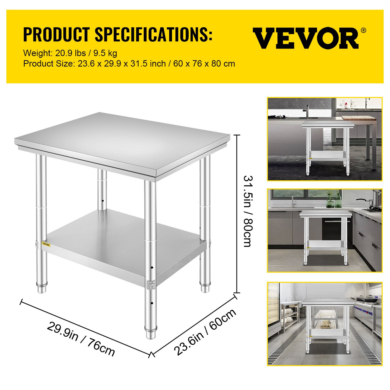 VEVOR Commercial Worktable & Workstation 24 x 30 x 32 Inch Stainless Steel Work Table Heavy Duty Commercial Food Prep Work Table for Home, Kitchen, Restaurant Metal Prep Table with Adjustable Feet